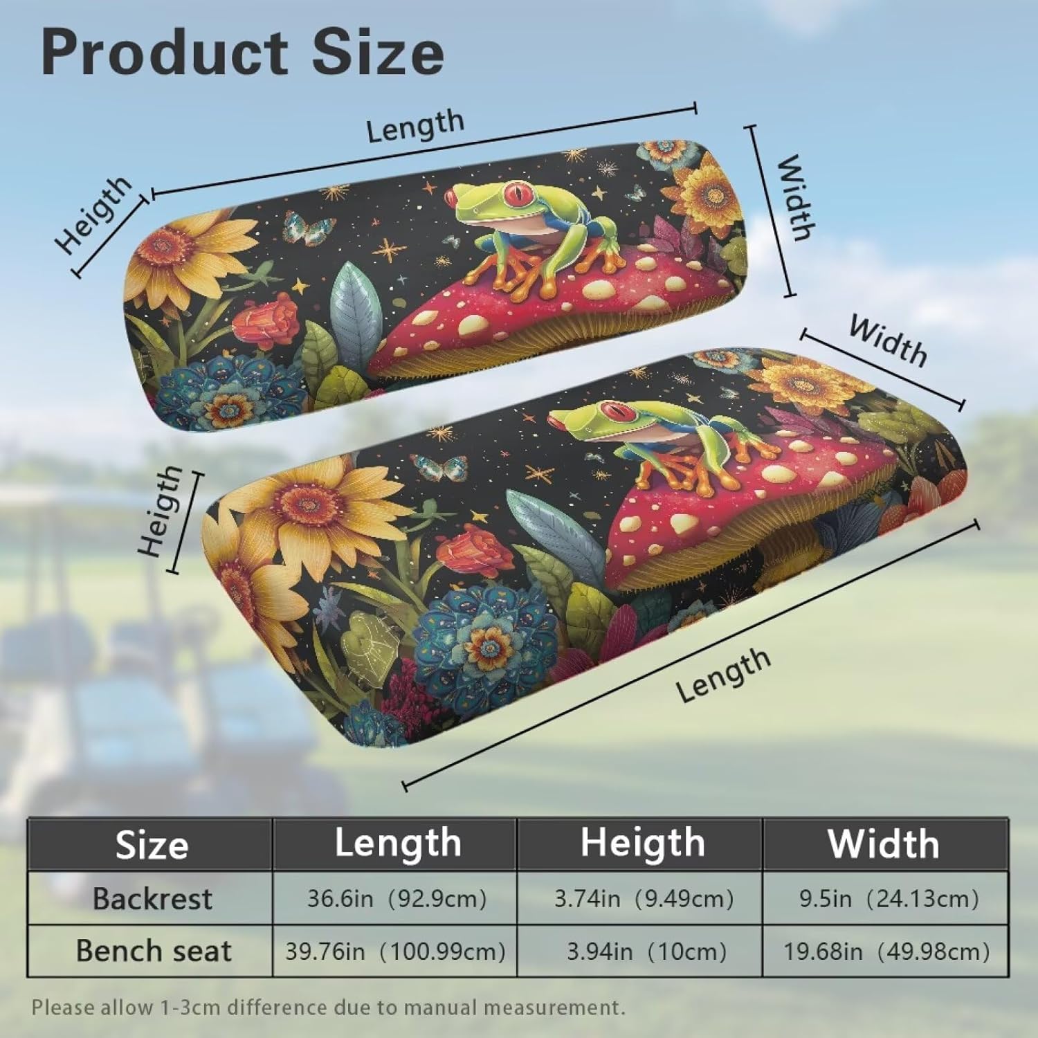 Tree Frog Golf Cart Front Seat Cover Kit Mushroom Golf Cart Seat Towel Blanket Fit for EZGO Club Car and More 2 Person Seats Golf Carts Elastic Comfortable Easy Install and Clean