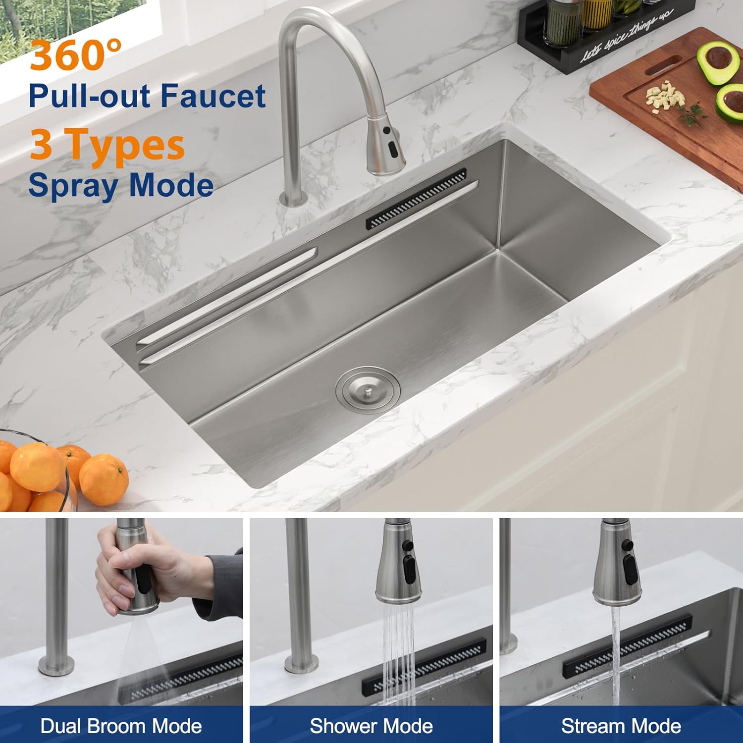 Sarlai 33 Inch Waterfall Kitchen Sink - Undermount Kitchen Sink With Waterfall Ledge Workstation Stainless Steel 16 Gauge Multifunction Single Bowl Under Mount Sinks Basin with Faucet