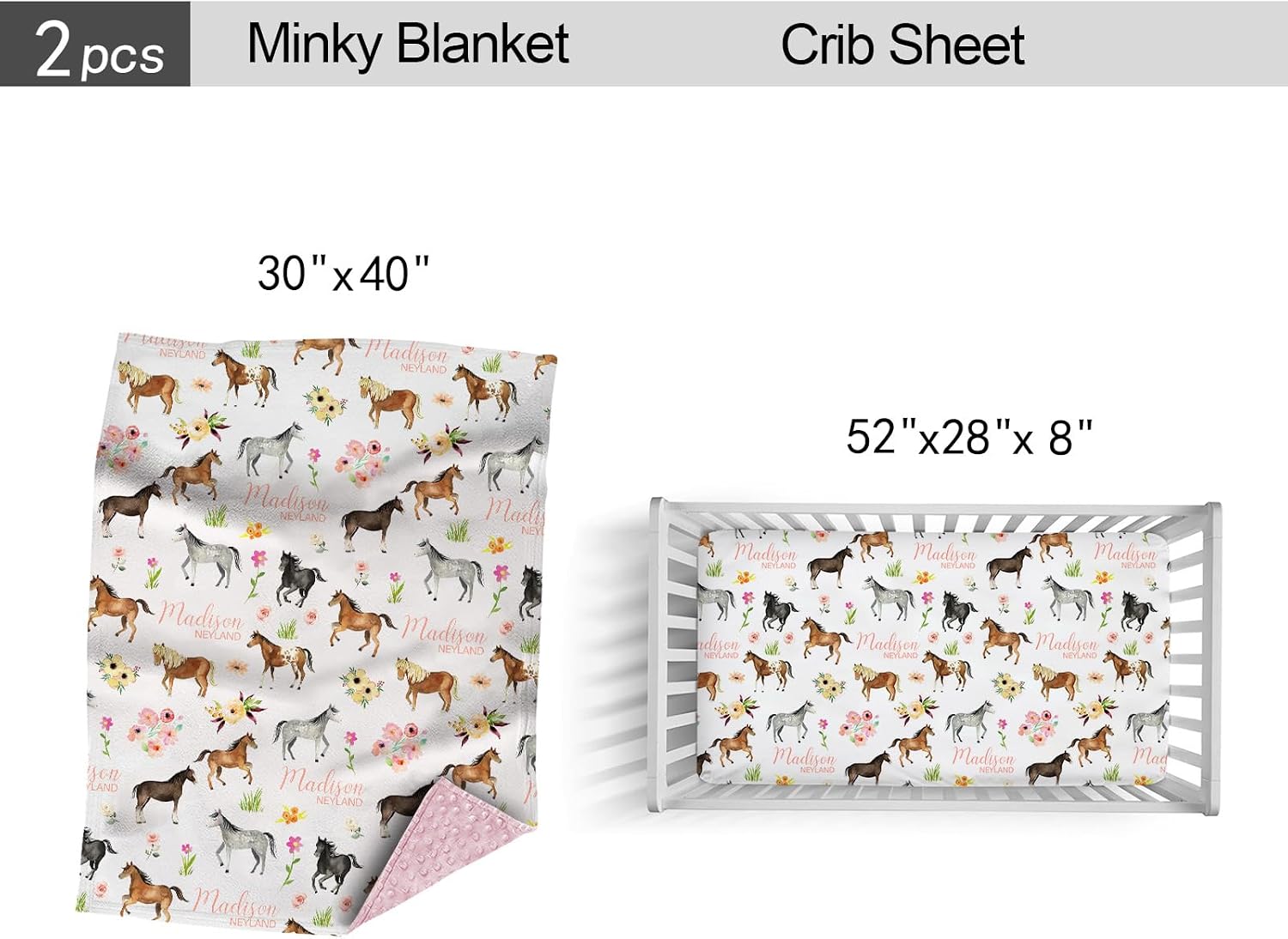 Custom Crib Bedding Set for Girls, Personalized Baby Bedding Sets with Name, Floral Horse 2 Piece Bedding Set for Infant Toddler, Name Comforter Fitted Crib Sheets Set, Nursery Bedding