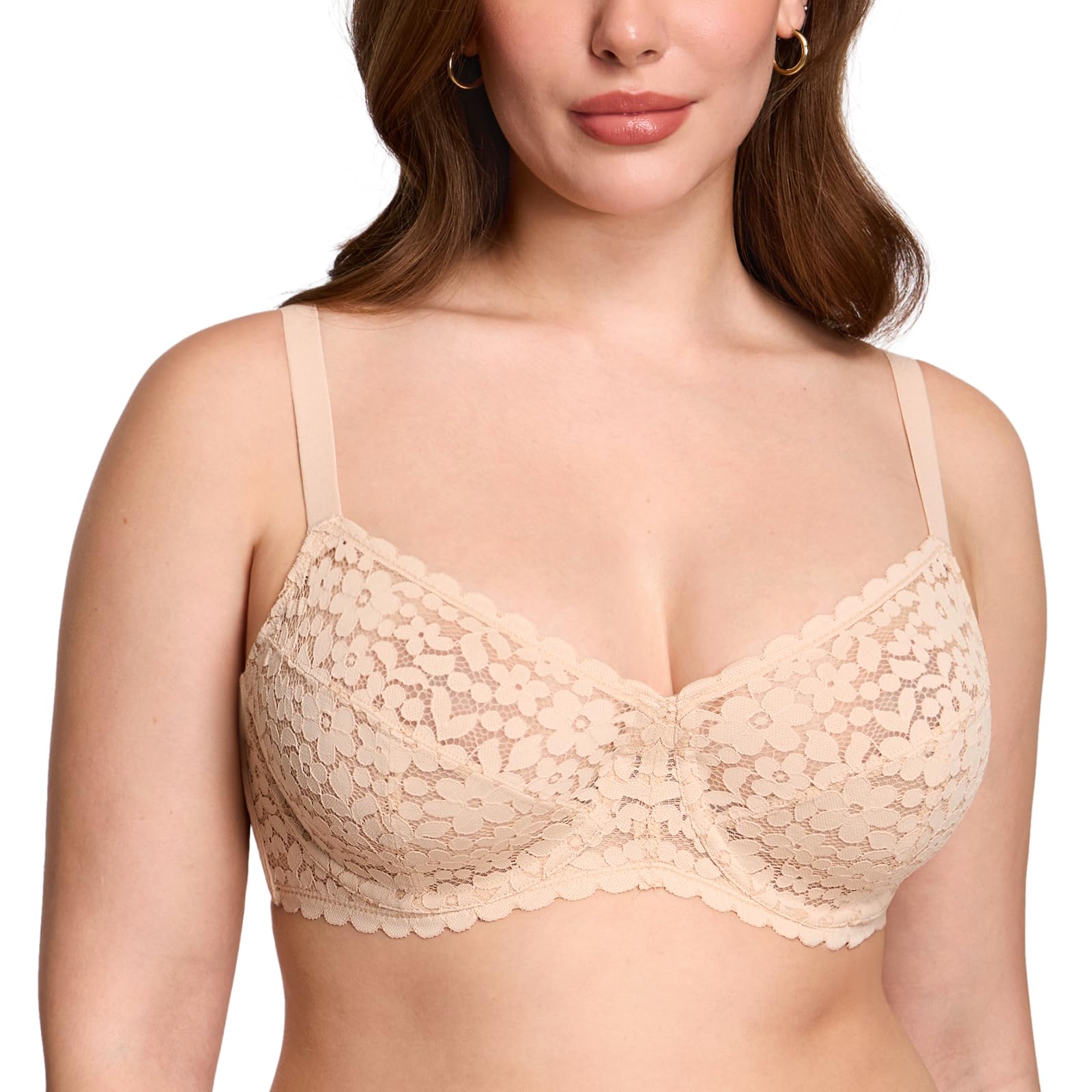 DOBREVA Women's Full Coverage Bra Lace Unlined Underwire Plus Size Minimiser Bra Beige 38DD