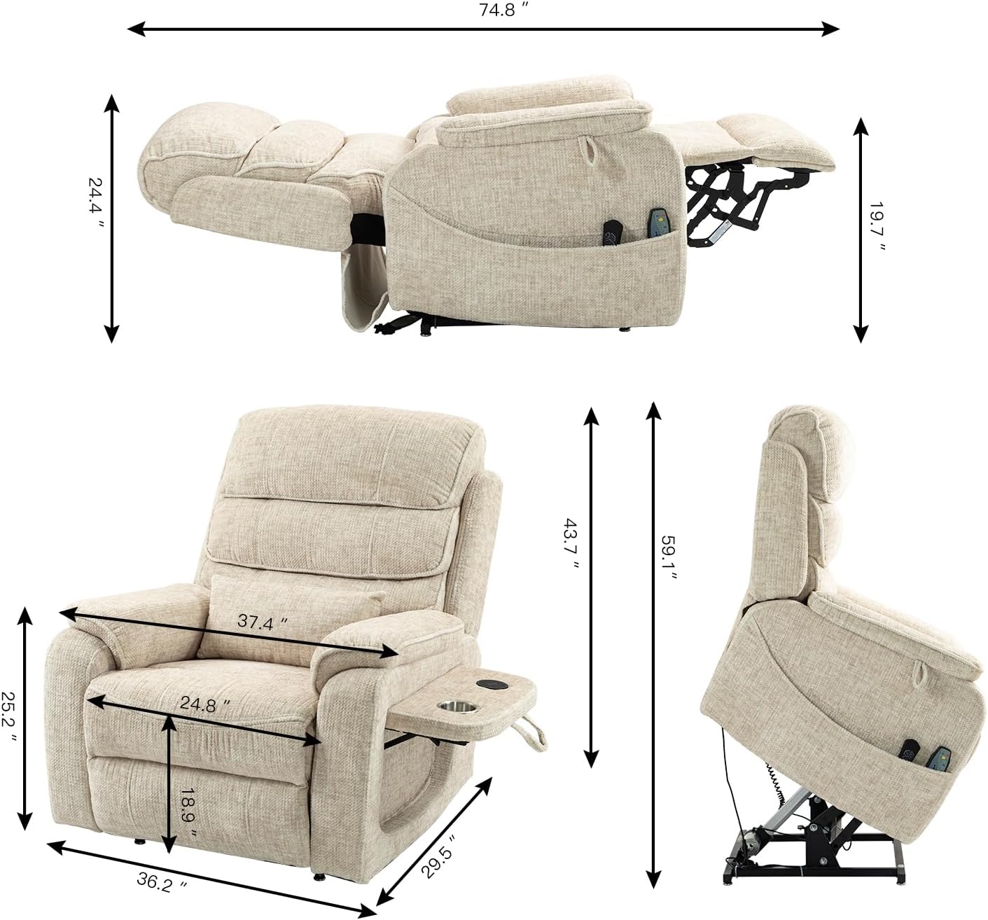 Oversized Electric Lift Chair Versatile Power Recliner Chair 180° Infinite Reclining Armchair for Adults with Massgae,Cupholder,USB-C Ports,Wireless Charging