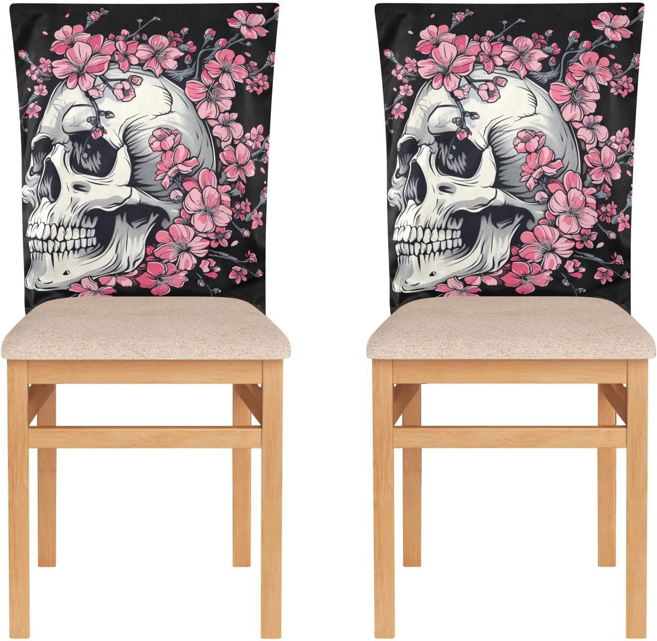 ALAZA Skull and Cherry Flowers Chair Back Cover Set of 6, Washable Reusable Removable Chair Slipcovers Decorative Chair Cover for Home Kitchen Wedding Party