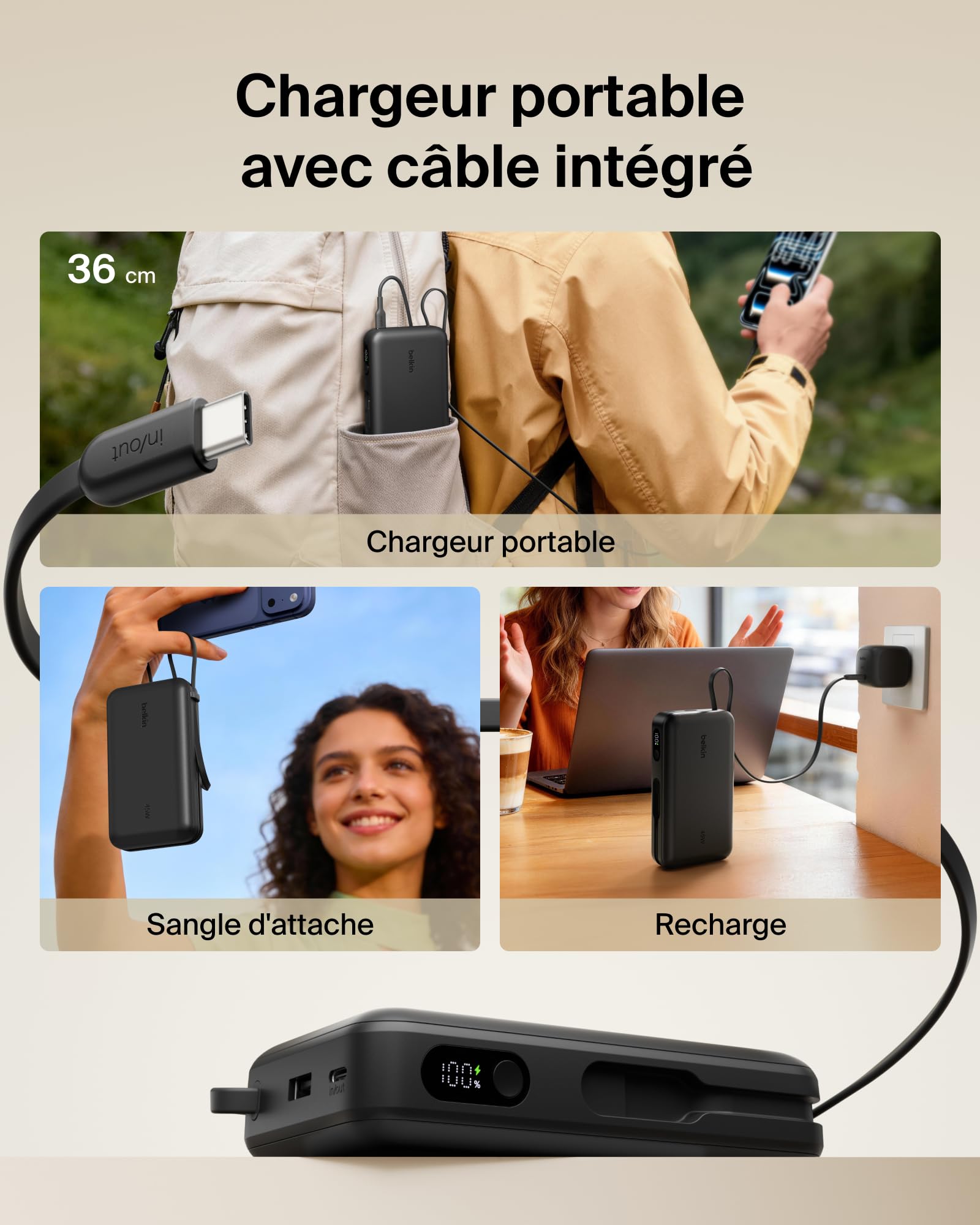 Belkin UltraCharge Batterie Externe 20K avec Câble USB-C Et Écran - Noir