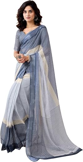 SIRIL Women's Printed Cotton Linen One Minute Ready to Wear Saree with Pocket &amp; Unstitched Blouse Piece