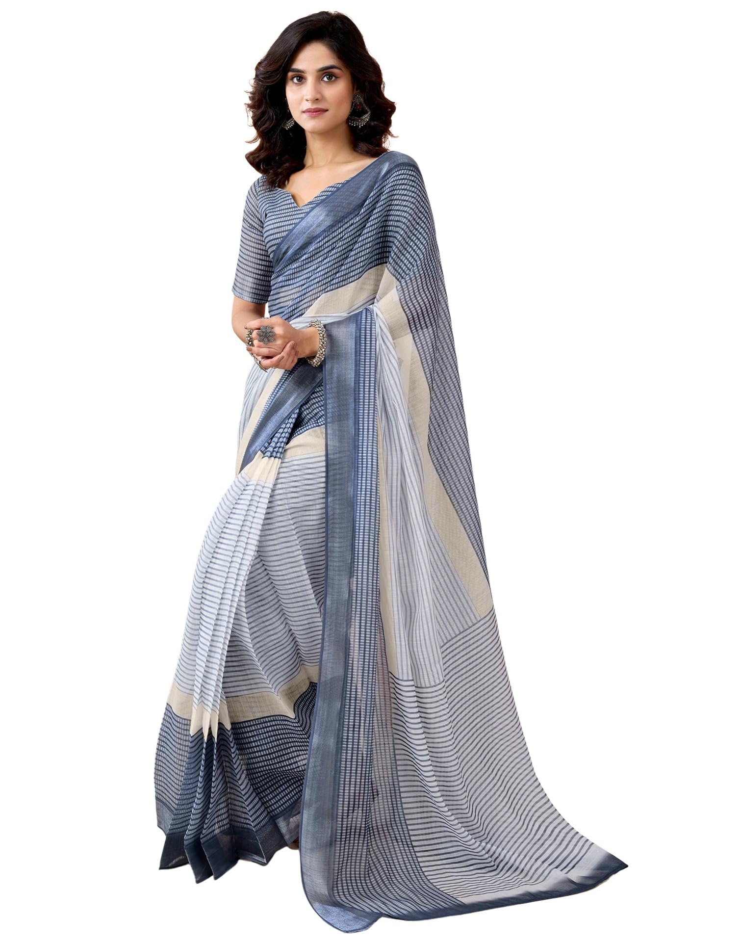 siril Women's Printed Cotton Linen One Minute Ready to Wear Saree with Pocket & Unstitched Blouse Piece-picture-38
