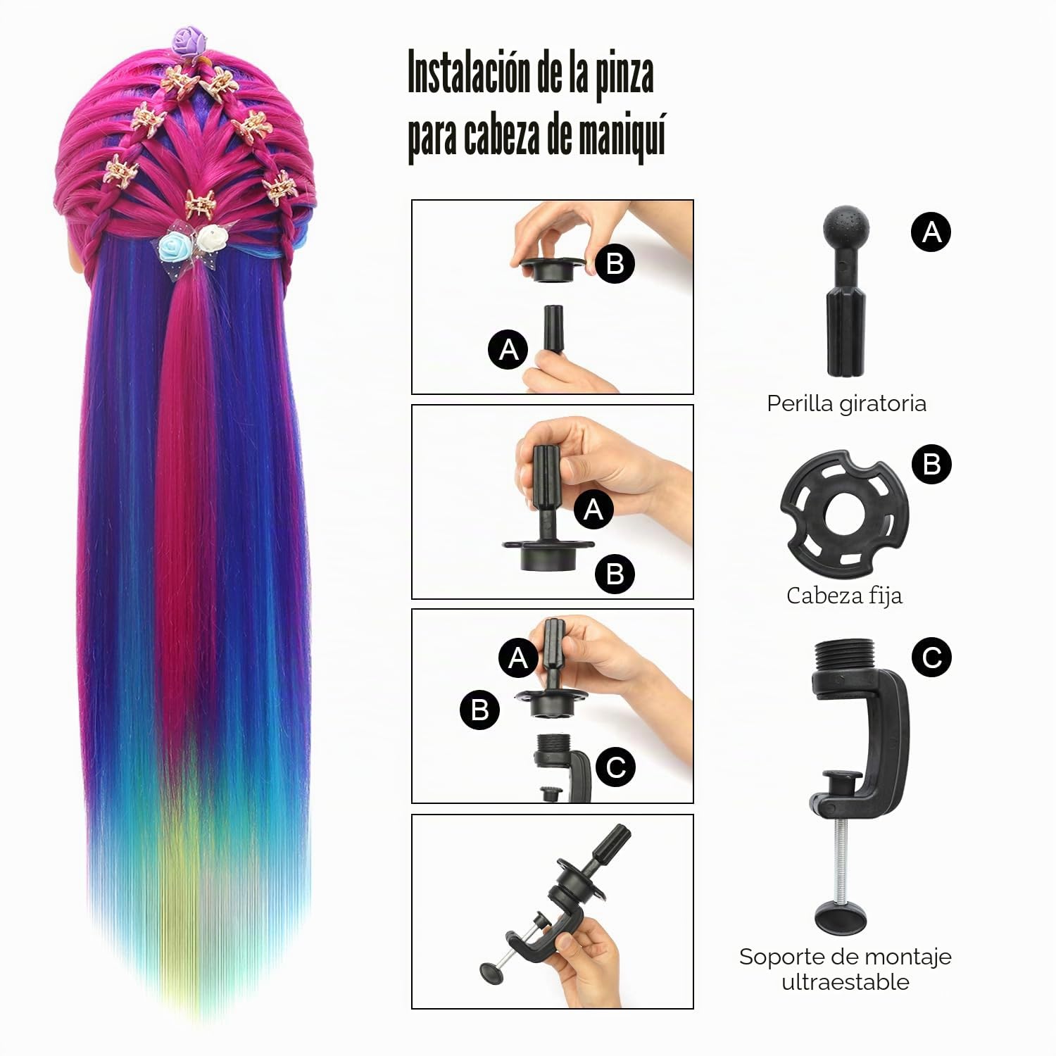 Cabeza Peluqueria, 28 inch 100% Sintético Cabeza Peluqueria Cabeza Maniqui peluqueria con Soporte + Accesorios de Peinado DIY (Iridiscente)