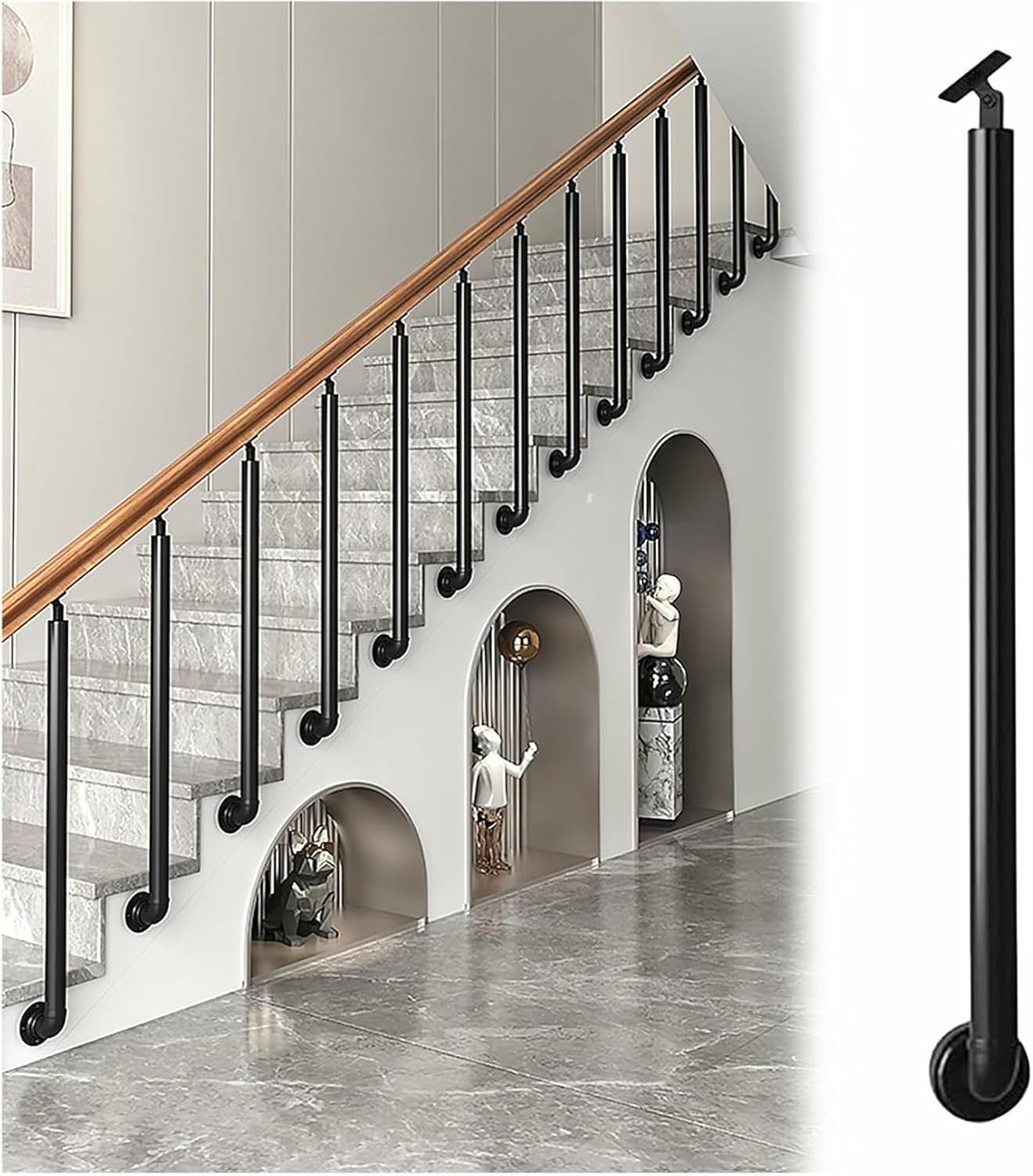 Black Stair Spindles Iron Round, Adjustable 270° Angle Bracket Deck Balusters with Screws Kit, for Porch/Indoor/Attic/Villa/Hotel, Side Mount