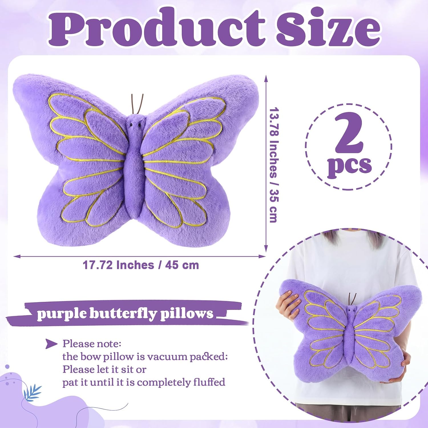 Novabright 2 Pcs Butterfly Pillow Decorative Butterfly Shaped Throw Pillows 17.72 x 13.78'' Cute Soft Plush Cushion Decor for Bed Sofa Couch Living Room Home Bedroom Decor(Purple)