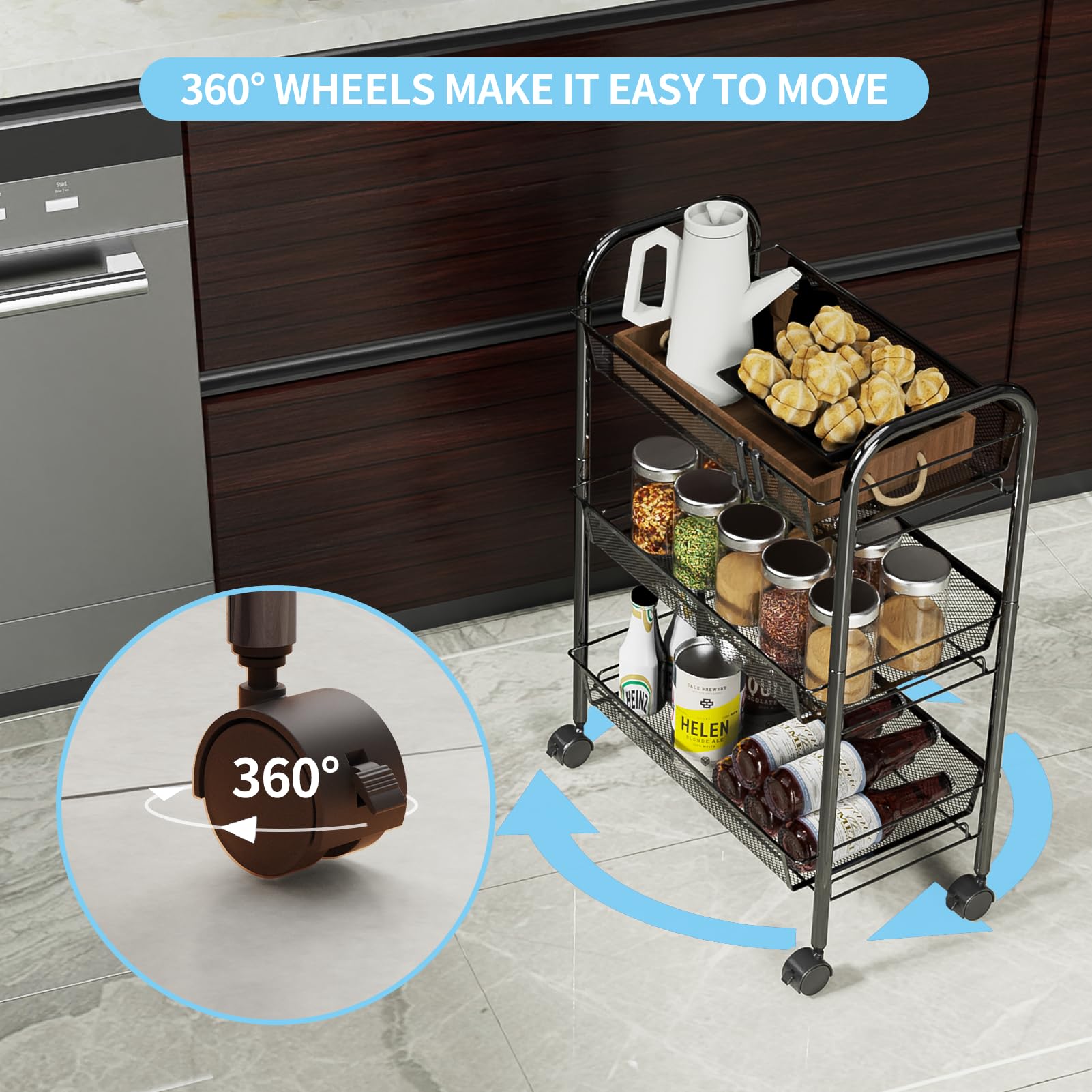 WELDUN 3-Tier Storage Trolley, Rolling Cart, Mesh Storage Cart, Mobile Storage Trolley, Portable, Stable and Easy to Set up - Image 3
