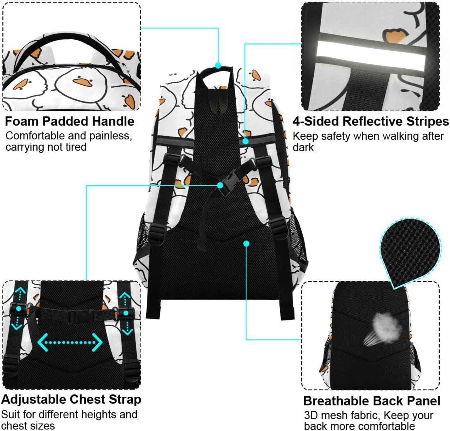 Kids Backpack for Boys Girls Bookbags Cute Duck School Backpack Elementary Bags Travel Daypack Lightweight Waterproof with Reflective Strip