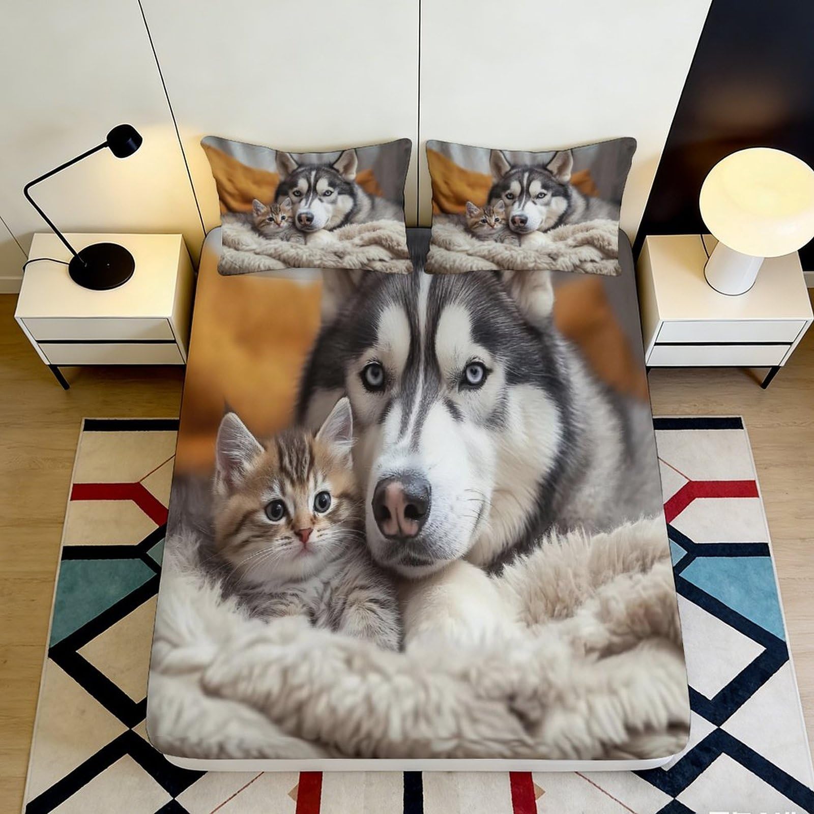 3D Printed Husky Dog Cat Fitted Sheet, Microfiber Soft Touch, Home Decor, Anti-Slip, Guest Room Bedding, Machine Washable, Mattress Cover 90x200x25cm