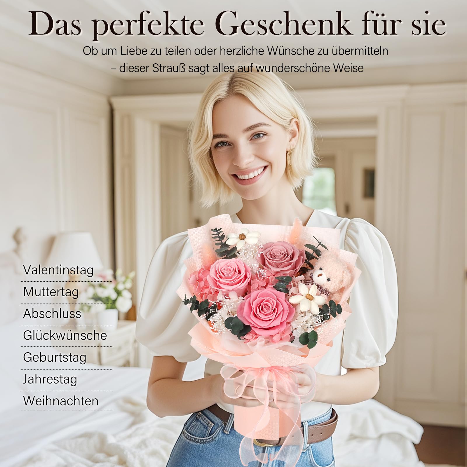 Konservierter Blumenstrauß mit Bär, 3 Infinity Rosen, rosa Rosenstrauß, Geschenke für Frauen, Valentinstag, Muttertag, Jahrestag und Geburtstagsgeschenk für Freundin, Mädchen, Mama
