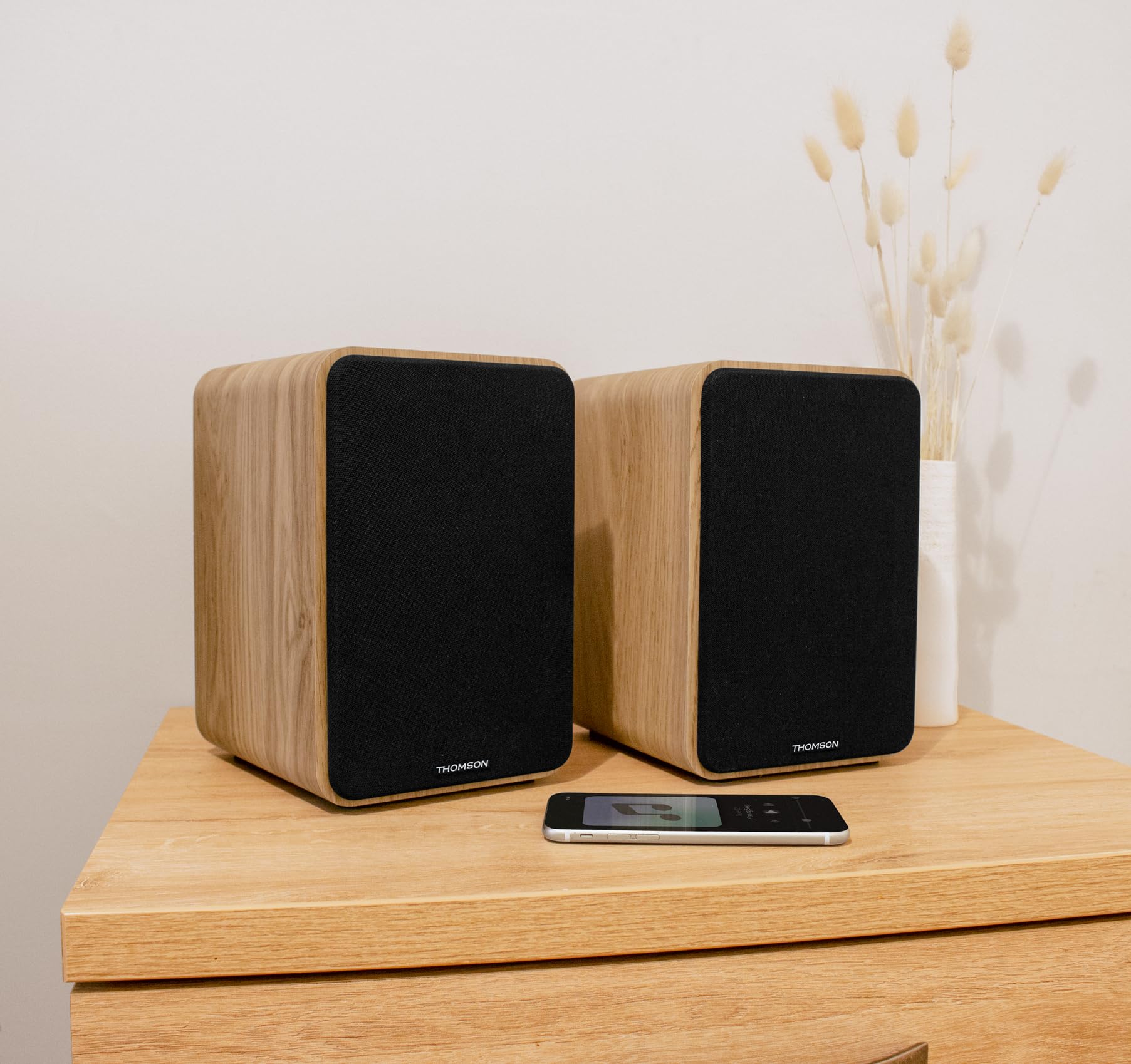 THOMSON WS602DUO - Ensemble de 2 enceintes avec caisson en bois - 100W - Bluetooth 5.0 - 2 sorties RCA - Bois clair