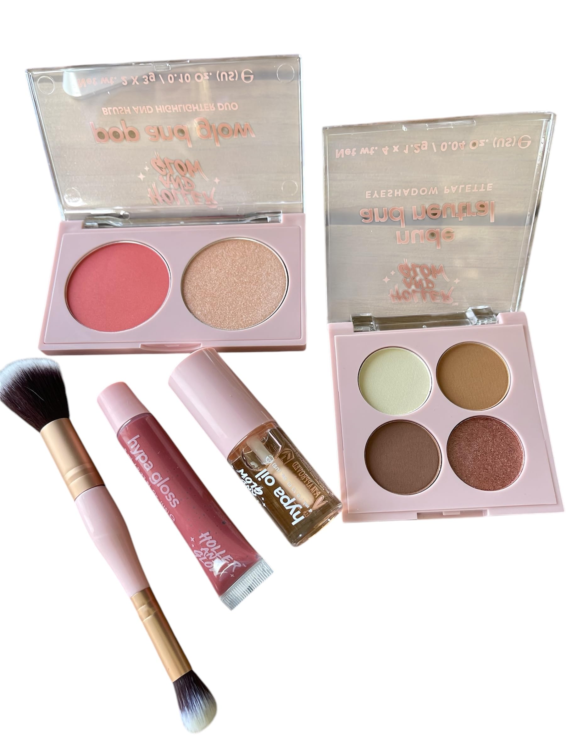 6-piece Make Up Starter Kit which includes nude and neutral eyeshadow palette, blush and highlighter duo, lip gloss, lip oil and eyeshadow/blush brush.