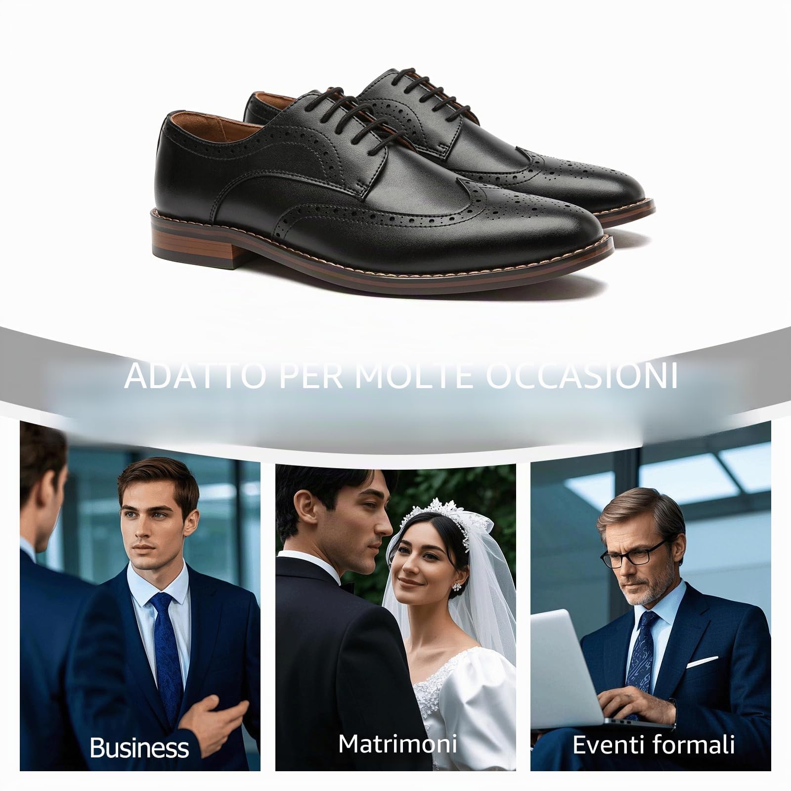 Poerkan Scarpe eleganti formali da uomo Oxford & Derby: stringate classiche in pelle nera e marrone con dettagli brogue in vernice, Nero , 45 EU