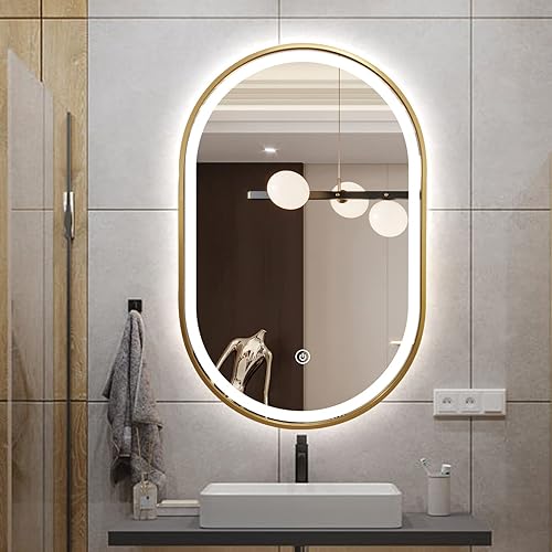 TheiaMo Espejo de baño LED ovalado de 40 x 24 pulgadas, espejo de baño iluminado con marco dorado, espejo ovalado montado en la pared con luces,