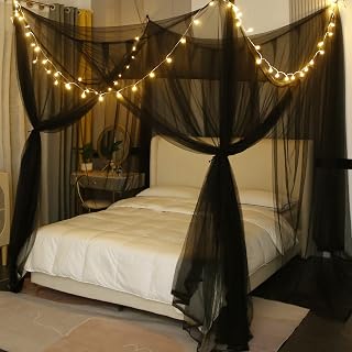 Mengersi Bed Canopy Curtains with LED Lights - Elegant Mosquito Net for Full Queen King Beds, Gothic Halloween Room Decor