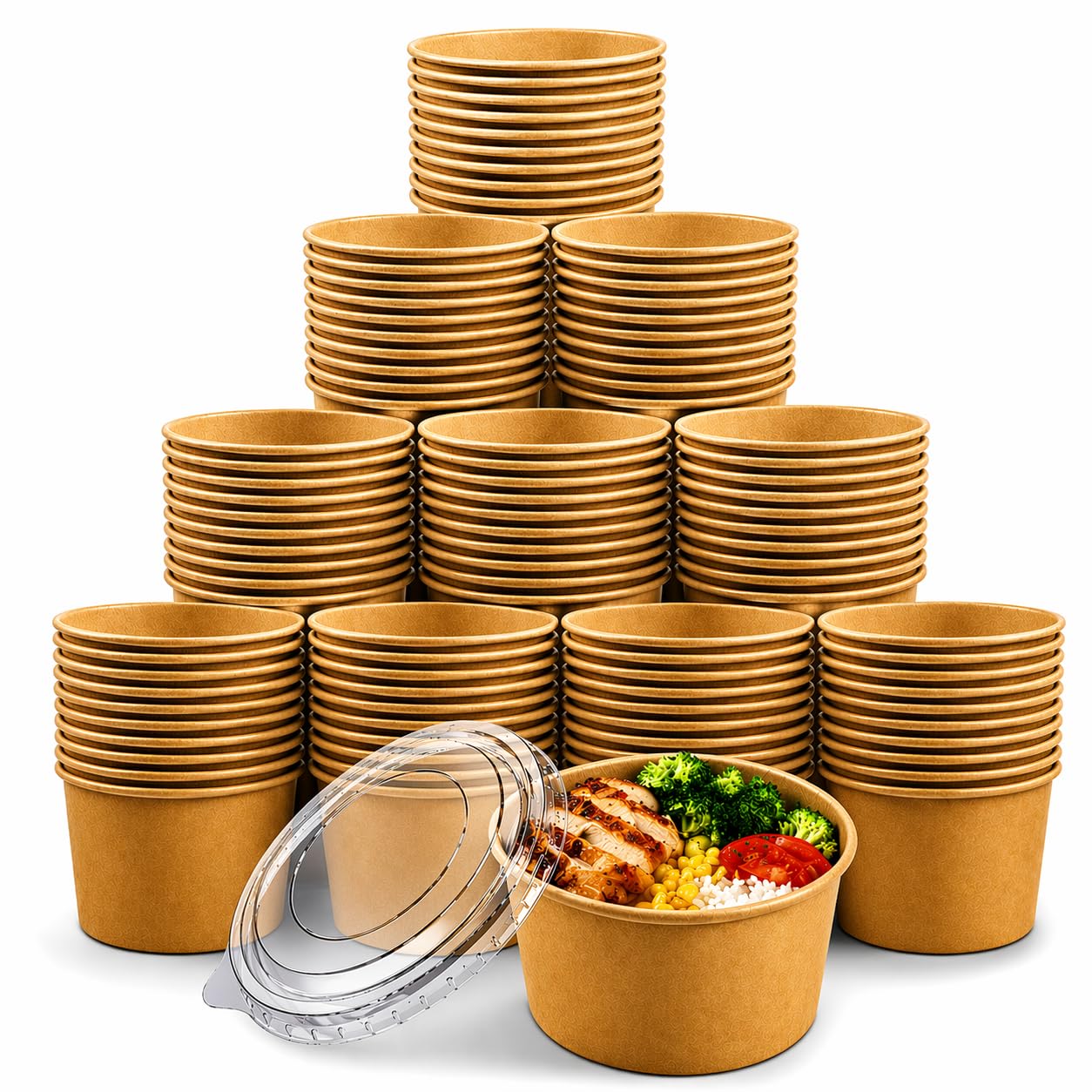 rynli 200pcs Kraft Paper Food Containers with Lids, 750ml Meal Prep Containers Salad Bowls, Reusable for Food Storage, Takeout, Leftovers, Microwave & Refrigerator Safe