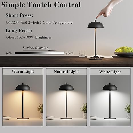 JONEMO 2 Pack Rechargeable Cordless Table Lamp - 5000mAh Battery Powered Lamp, 3 Color Stepless Dimming Portable LED Table Light for Restaurant, Patio, Home, Dinner.(Black) photo 6