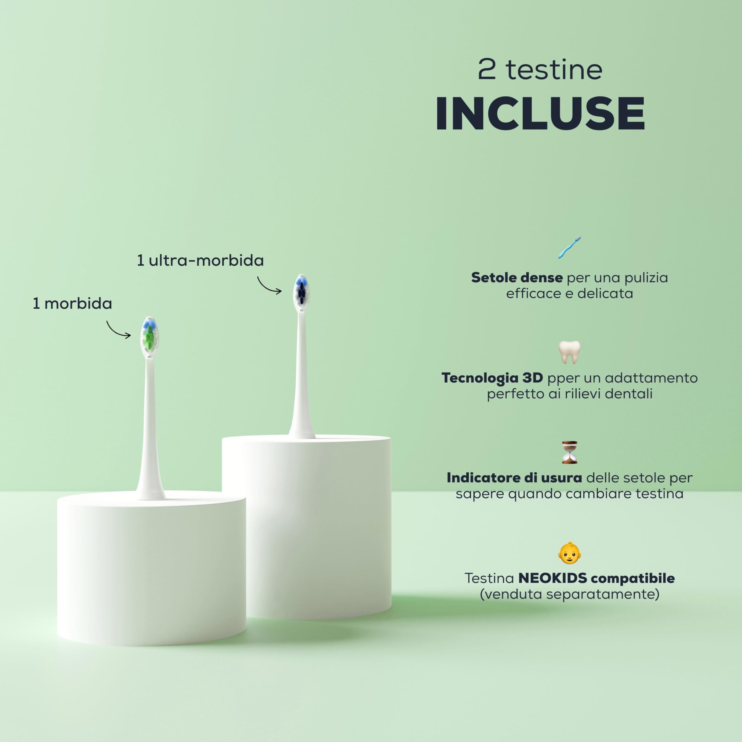 NEOPULSE NEOSONIC® Spazzolino Elettrico Sonico – 5 Modalità e 3 Intensità (15 impostazioni) – 3 mesi di autonomia – Timer 2 minuti – Ricarica USB-C – 2 Testine – Verde