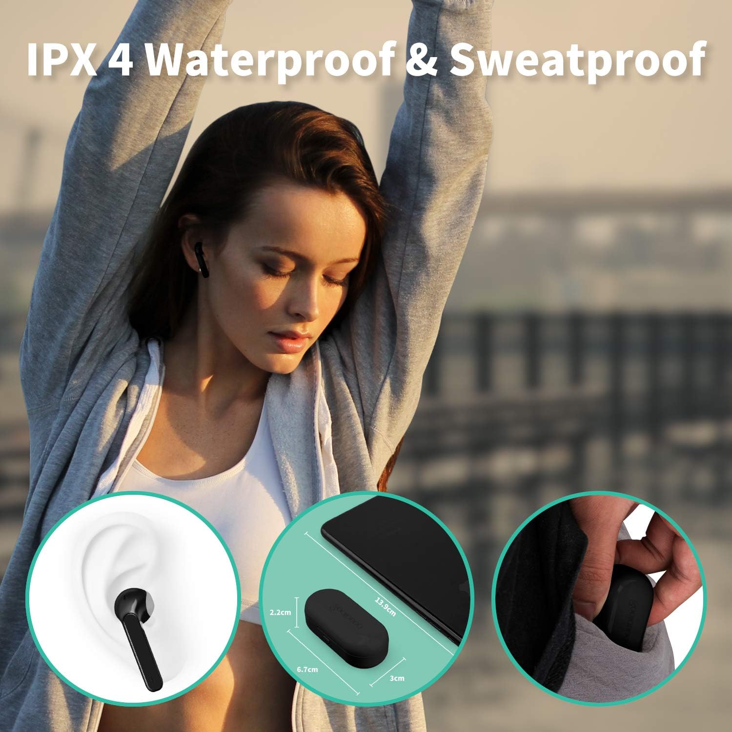 A person exercising with earbuds, alongside diagrams showing earbud fit, dimensions of the case, and the case fitting into a pocket, highlighting IPX4 Waterproof & Sweatproof.