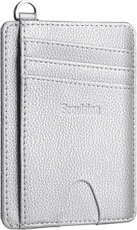 EcoVision Slim Minimalist Front Pocket Wallet, RFID Blocking Credit Card Holder Wallet with Detachable D-Shackle for Men Women, 1 Litchi Pearlized Silver, S