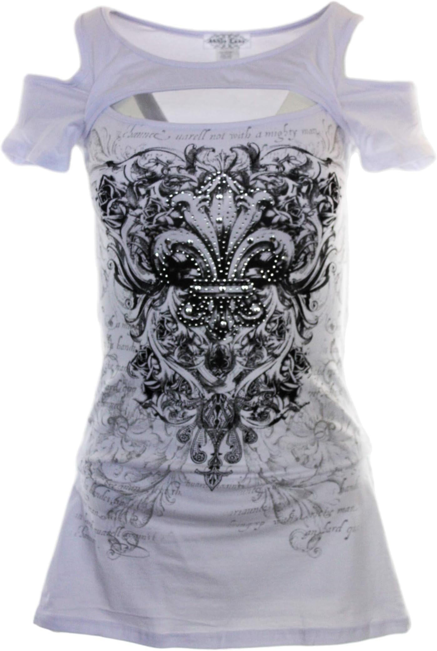 Bling Rhinestone Cross Fleur De Lis Wings Peekaboo Open Cold Shoulder New Top