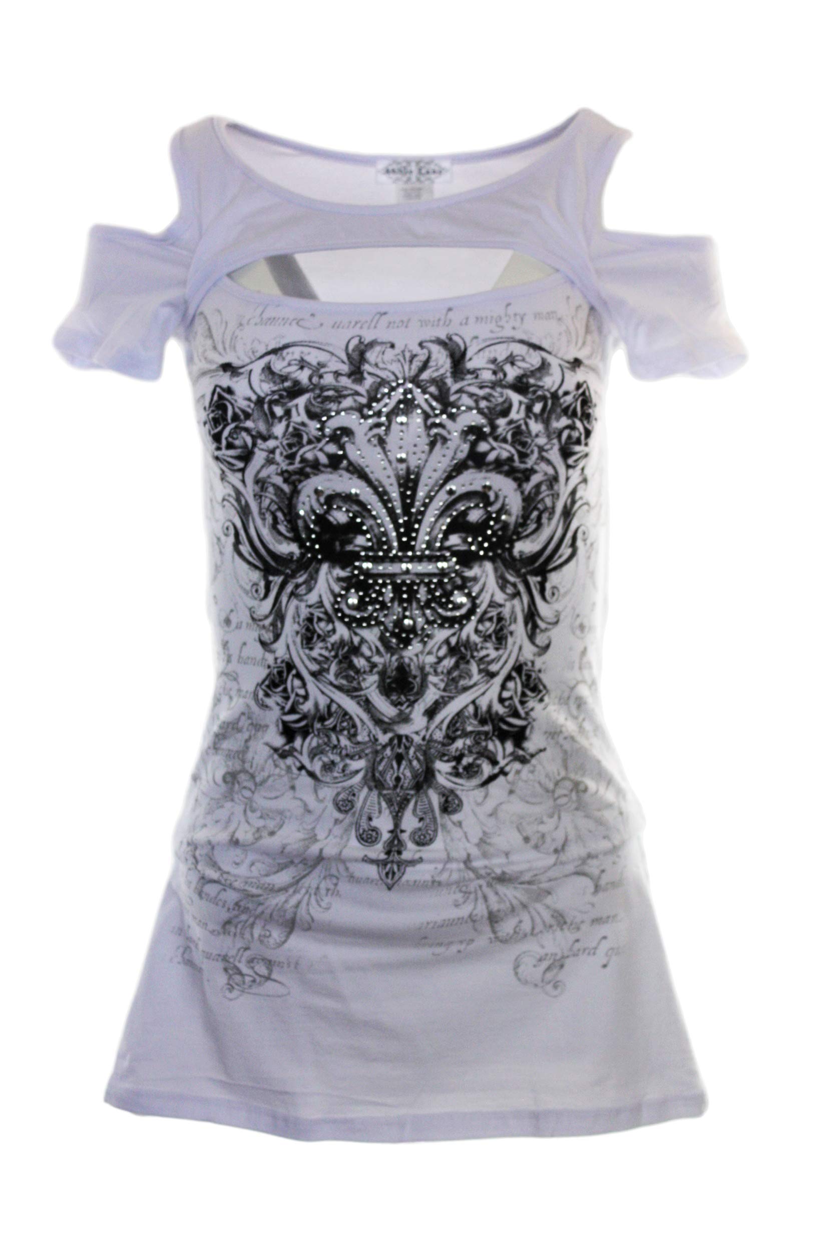 Bling Rhinestone Cross Fleur De Lis Wings Peekaboo Open Cold Shoulder New Top