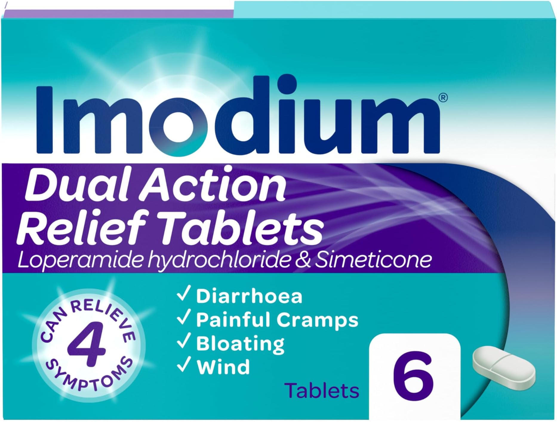 Imodium Dual Action, Diarrhoea Relief (6 Tablets), Helps Restore Gut to Natural Rhythm, with Loperamide Hydrochloride & Simeticone, Diarrhoea Tablets for Cramping, Bloating and Wind