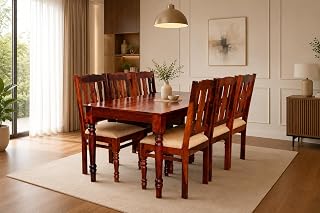 Sheesham Wood 6-Seater Dining Table Set with Cushioned Chairs | Solid Wooden Furniture for Home & Kitchen (Maple, 6 Seater)
