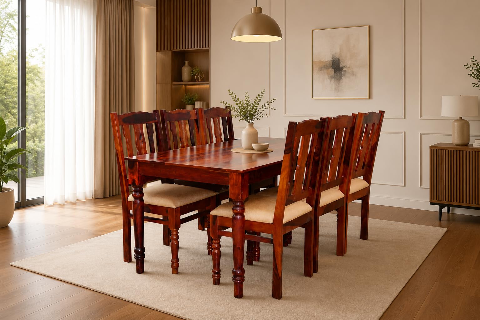 Furniseworlds Sheesham Wood 6-Seater Dining Table Set with Cushioned Chairs | Solid Wooden Furniture for Home & Kitchen (Maple, 6 Seater)