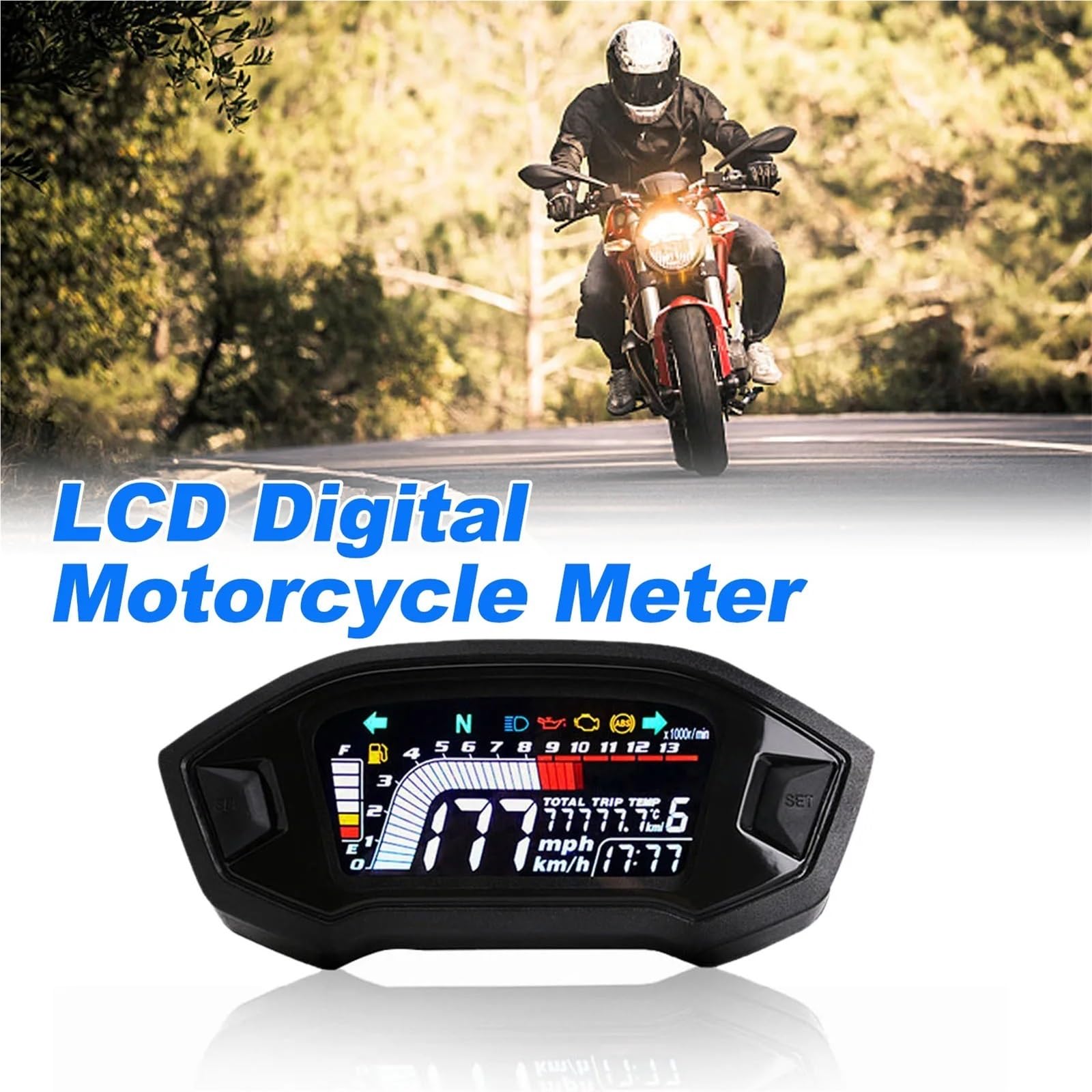 Prędkościomierz motocyklowy Licznik prędkościomierza motocyklowego, uniwersalny obrotomierz, cyfrowy wskaźnik LCD, miernik poziomu paliwa dla 1,2,4 cylindrów Prędkościomierz