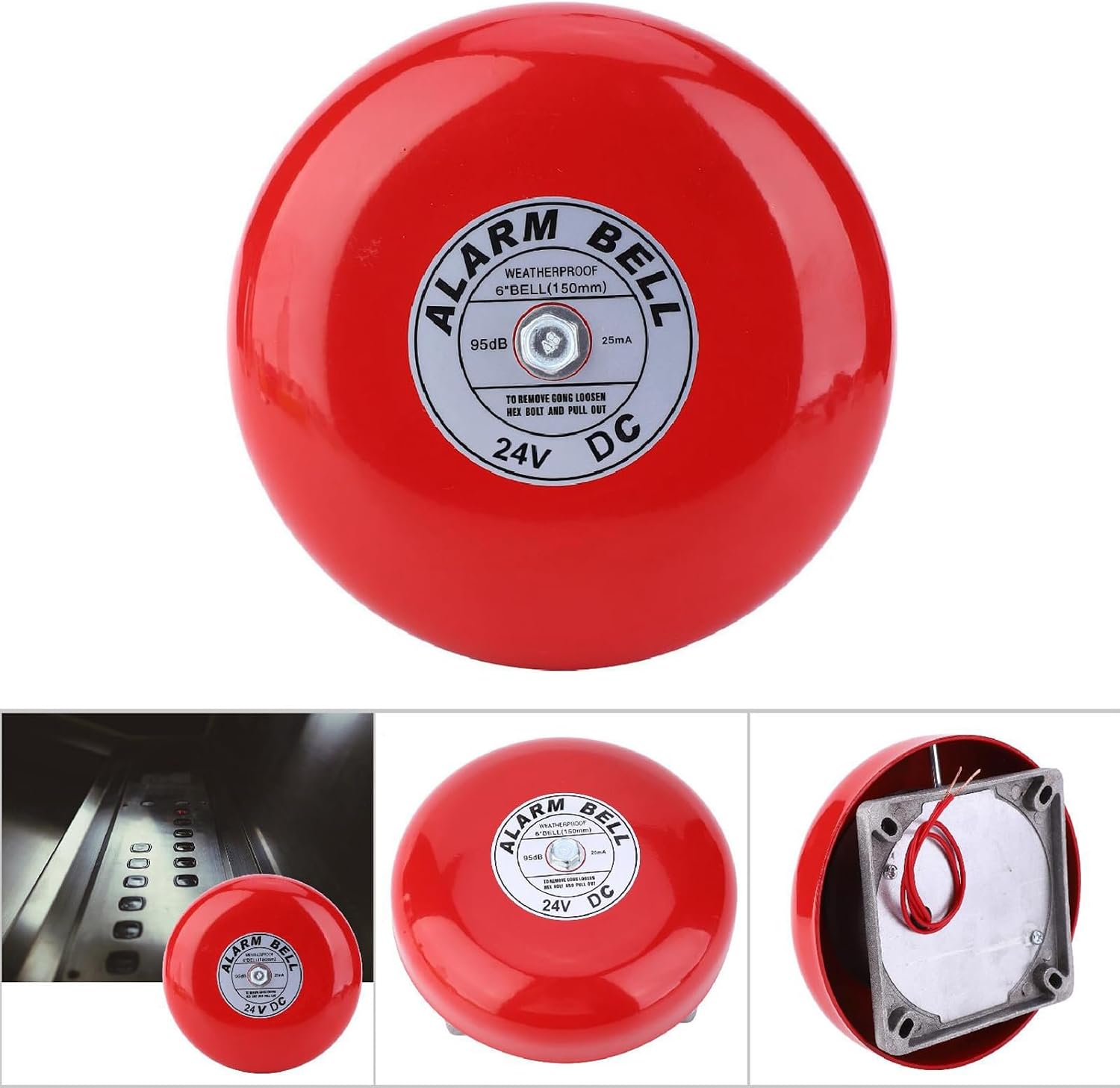Fire Alarm Bell, CB-6B 95dB Electric Alarm Bell, Security Alarm Bell for School Elevators Industrial Construction Applications, Round Alarm Bell (DC24V)