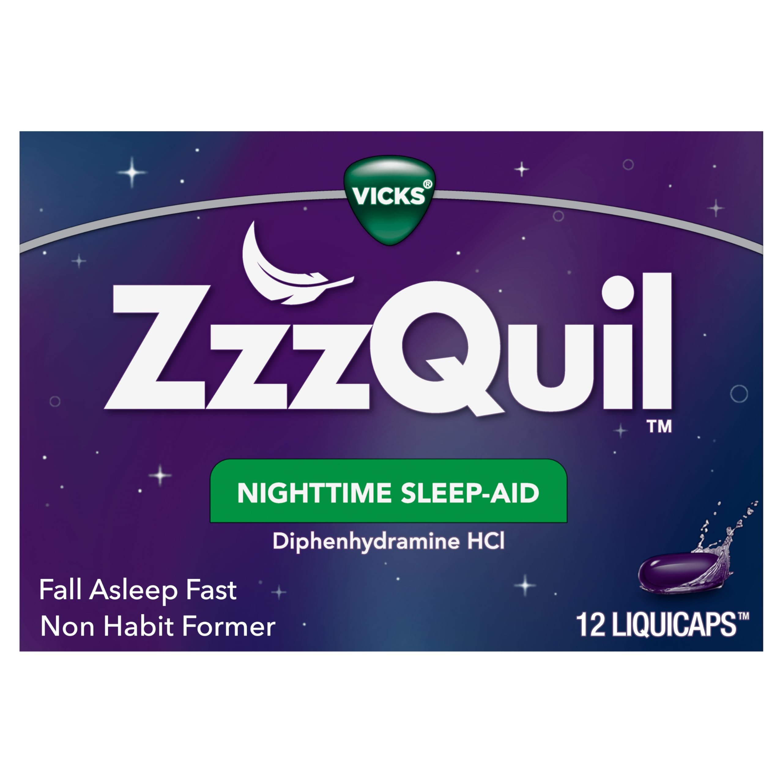 ZzzQuil, Nighttime Sleep Aid LiquiCaps, 25 mg Diphenhydramine HCl, No.1 Sleep-Aid Brand, Non-Habit Forming, Fall Asleep Fast, 12 Count