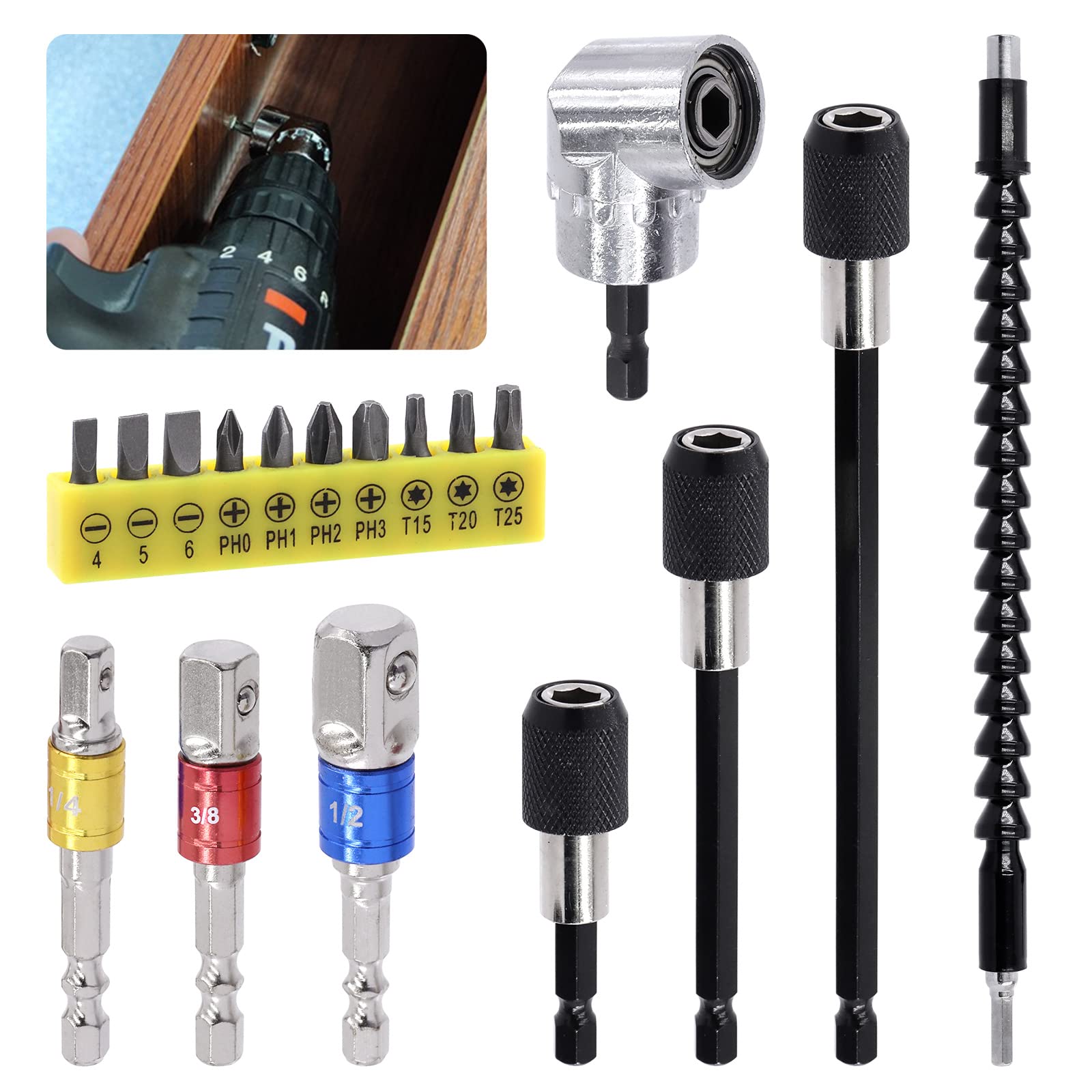 Tanstic 18Pcs Flexible Drill Bit Extension Set, Includes Bendable Drill Bit Extension, 105° Right Angle Drill, Hex Shank Drill Bit Holder, 1/4" 3/8" 1/2" Hex Socket Adapter Set, Screwdriver Bit Kit