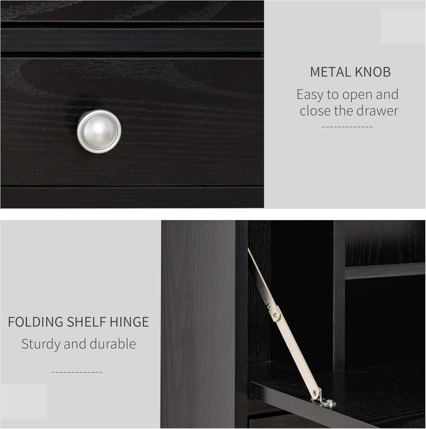 Kati-ake view of the metal knob on the drawer and the folding shelf hinge mechanism.