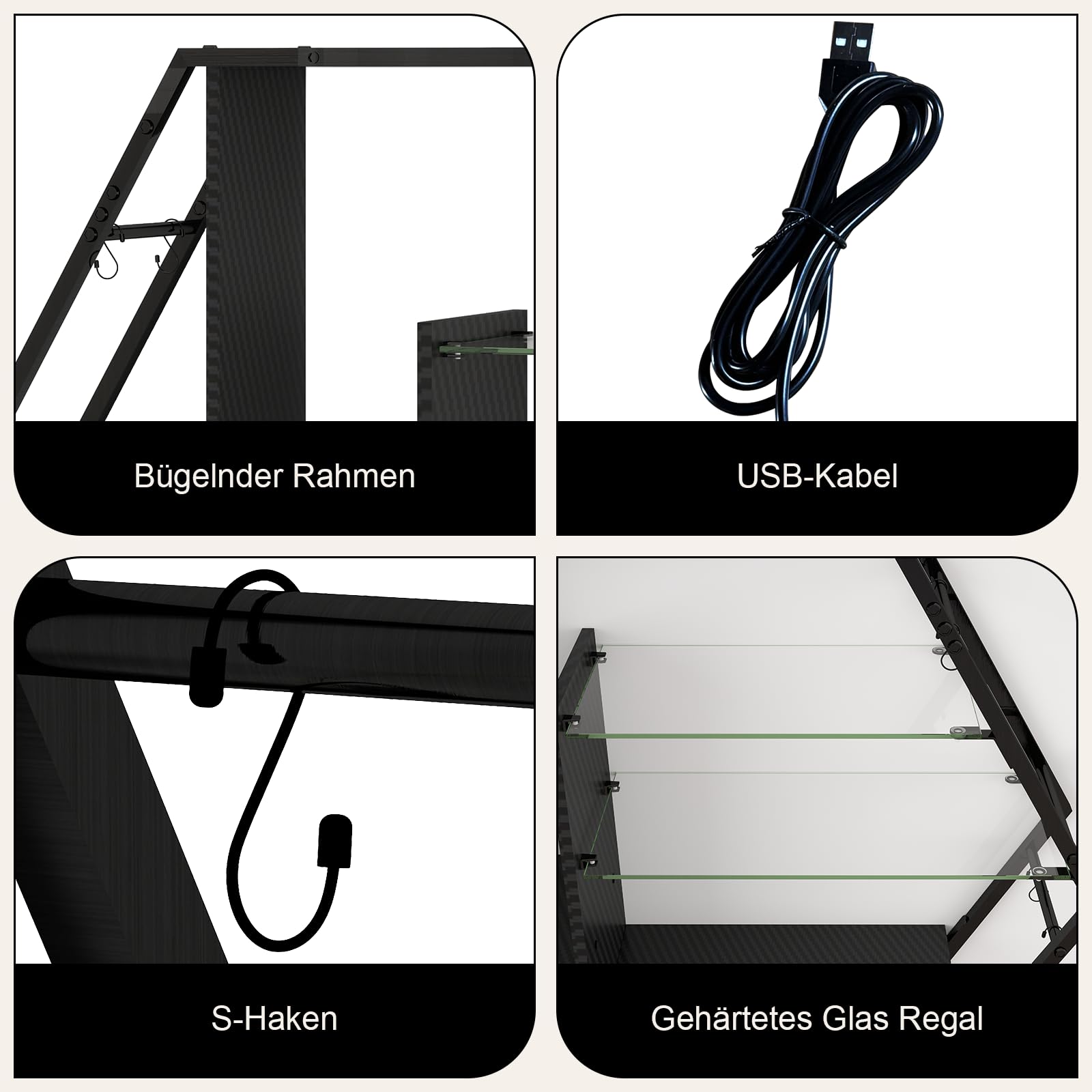 YU YUSING Schwebende Regale mit RGB 7 Farben, Wandregal Gaming Display-Regale mit 8 Haken, Wandvitrine mit 2 Glasböden, Hängevitrine für Schlafzimmer Spielzimmer-Dekoration, Hexagon Carbonfaser-Finish