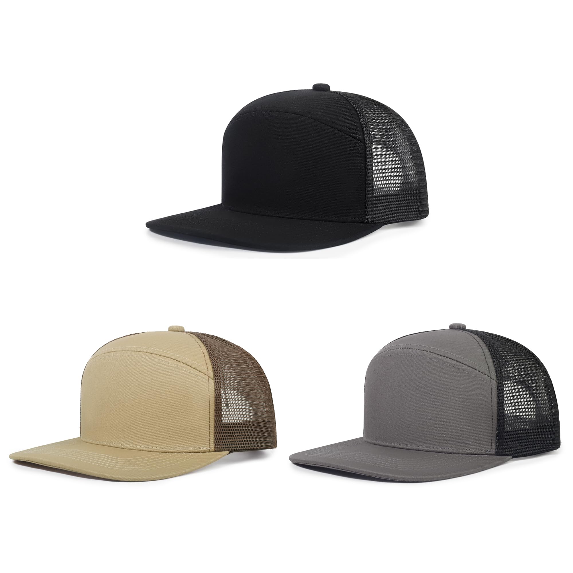 Cappelli da camionista a 7 pannelli, 3 pezzi, con visiera piatta, per donne e uomini | Cappello da baseball regolabile, in rete traspirante