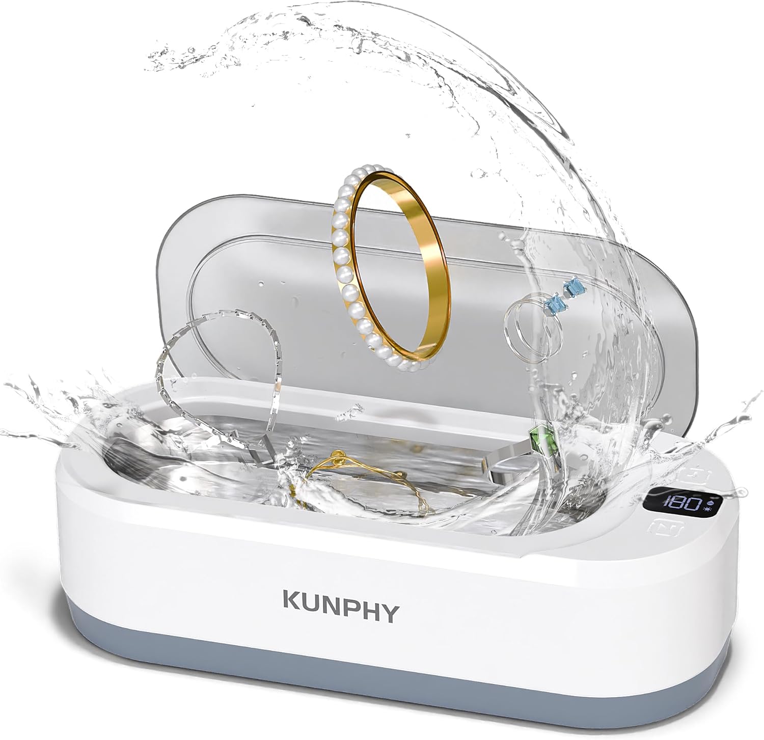 Upgraded KUNPHY Ultrasonic Jewelry Cleaner, 350ML 48KHz Professional Ultrasonic Cleaner Machine with 3 Digital Timers, Touch Operation for Eyeglass, Watches, Ring, Silver, Gold, Diamond