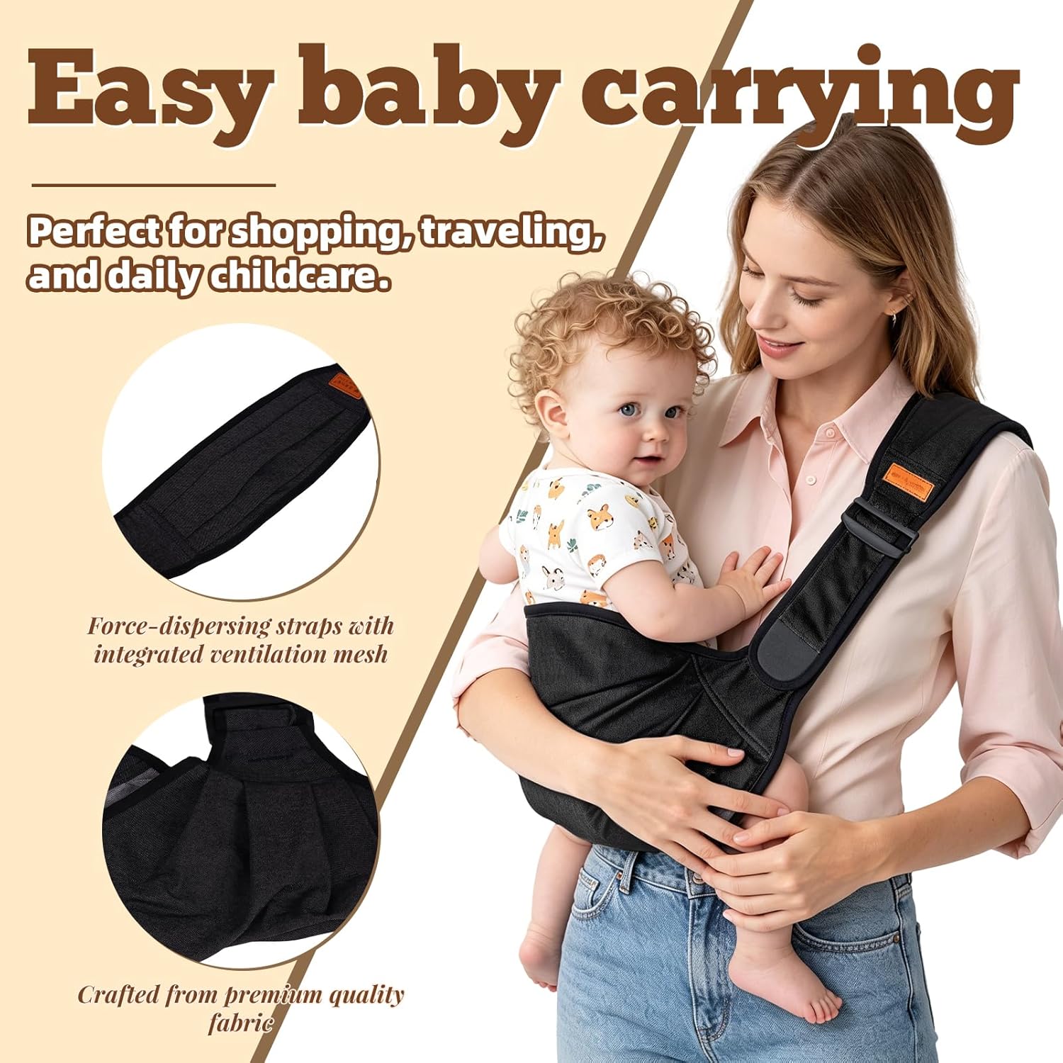 Baby Sling Carrier for Toddler, Baby Side Carrier with Detachable Seat Cushion, Lightweight Toddler Carrier Fits 9–48 Months, Adjustable Shoulder Strap, One Size Fits All Parents (Black)