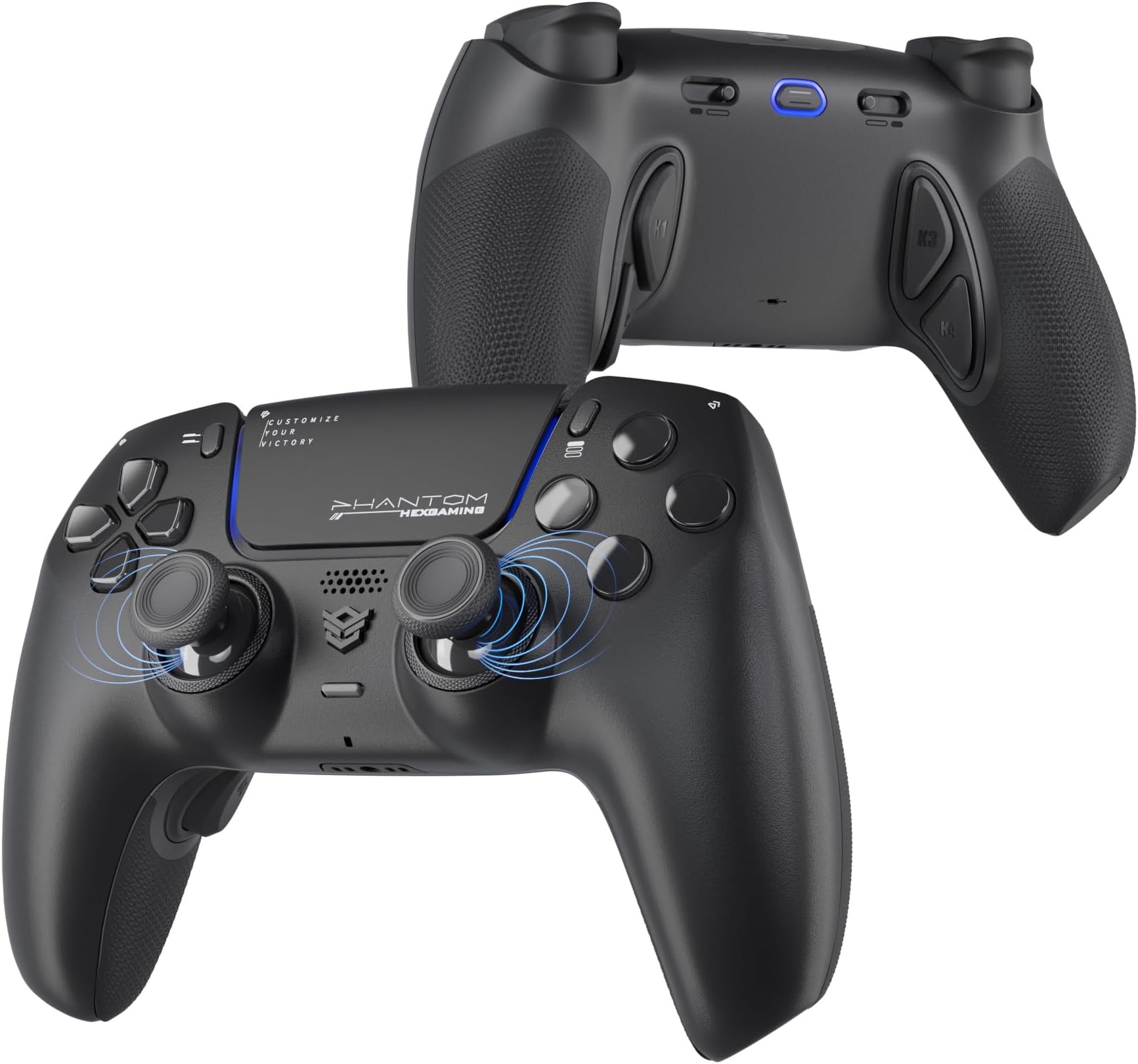 HEXGAMING PHANTOM Pro Controller with 4 Remappable Buttons, 6 Remapping Profiles, 8 Interchangeable Analog Stick, and Adjustable Triggers Compatible with ps5, PC, Mobile - Hall Effect Chaos Black