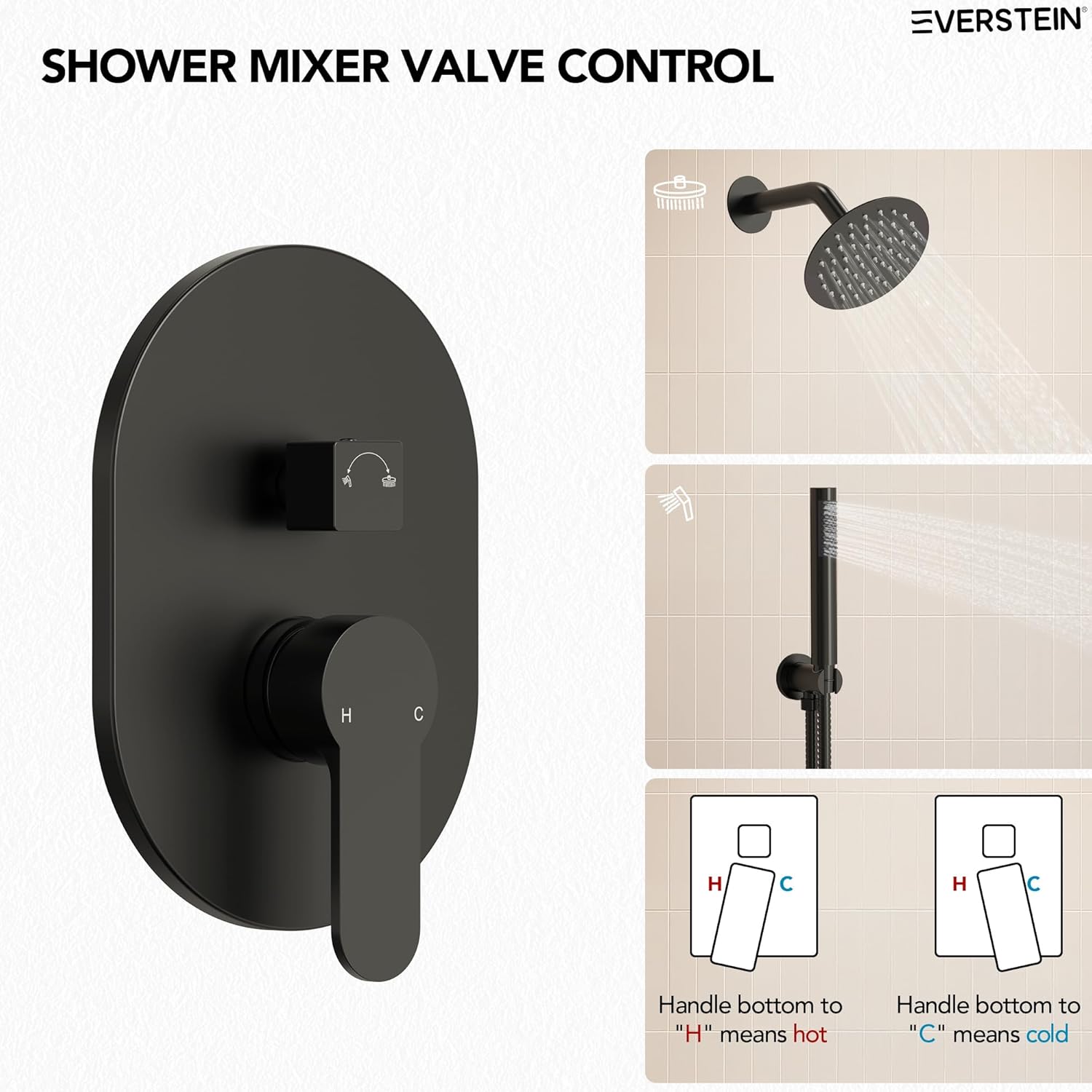 6" High-Pressure Shower System with Handheld Spray, Wall Mount Round Bathroom Shower Faucet Set with Valve (Matte Black)