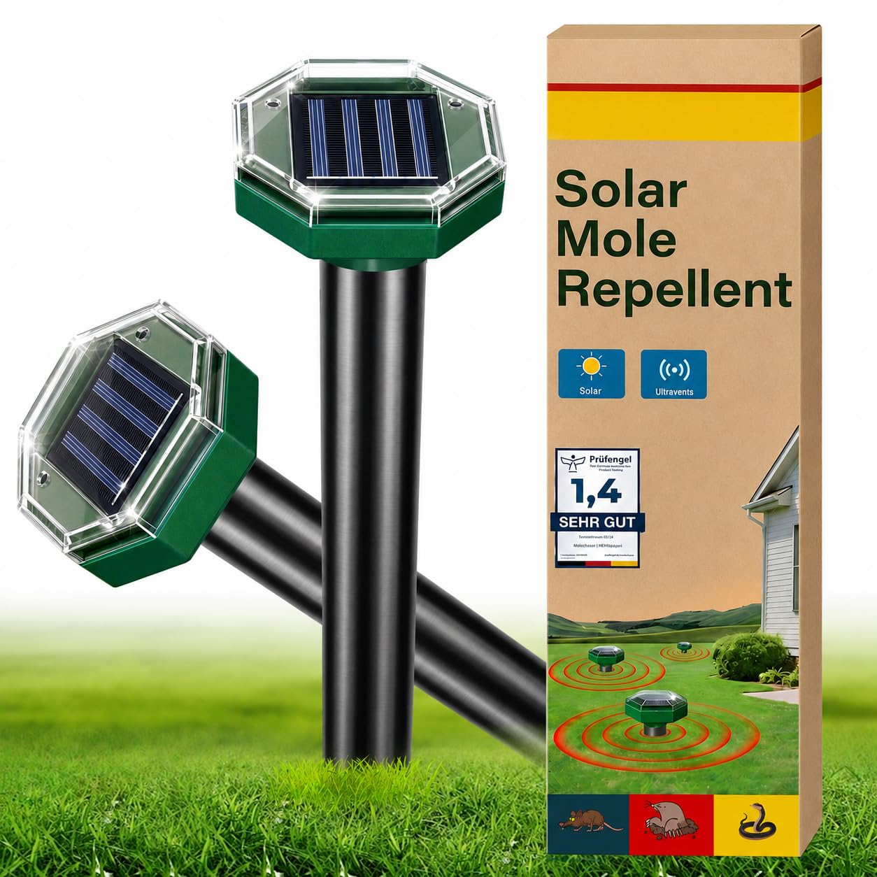 Mole Deterrents for Gardens UK, Ultrasonic Mole Deterrent with Smart Cycle, Covers 7,960 Sq Ft, IPX5 Waterproof, Solar-Powered, Ideal for Lawns and Gardens, Repels Moles, Voles & Gophers