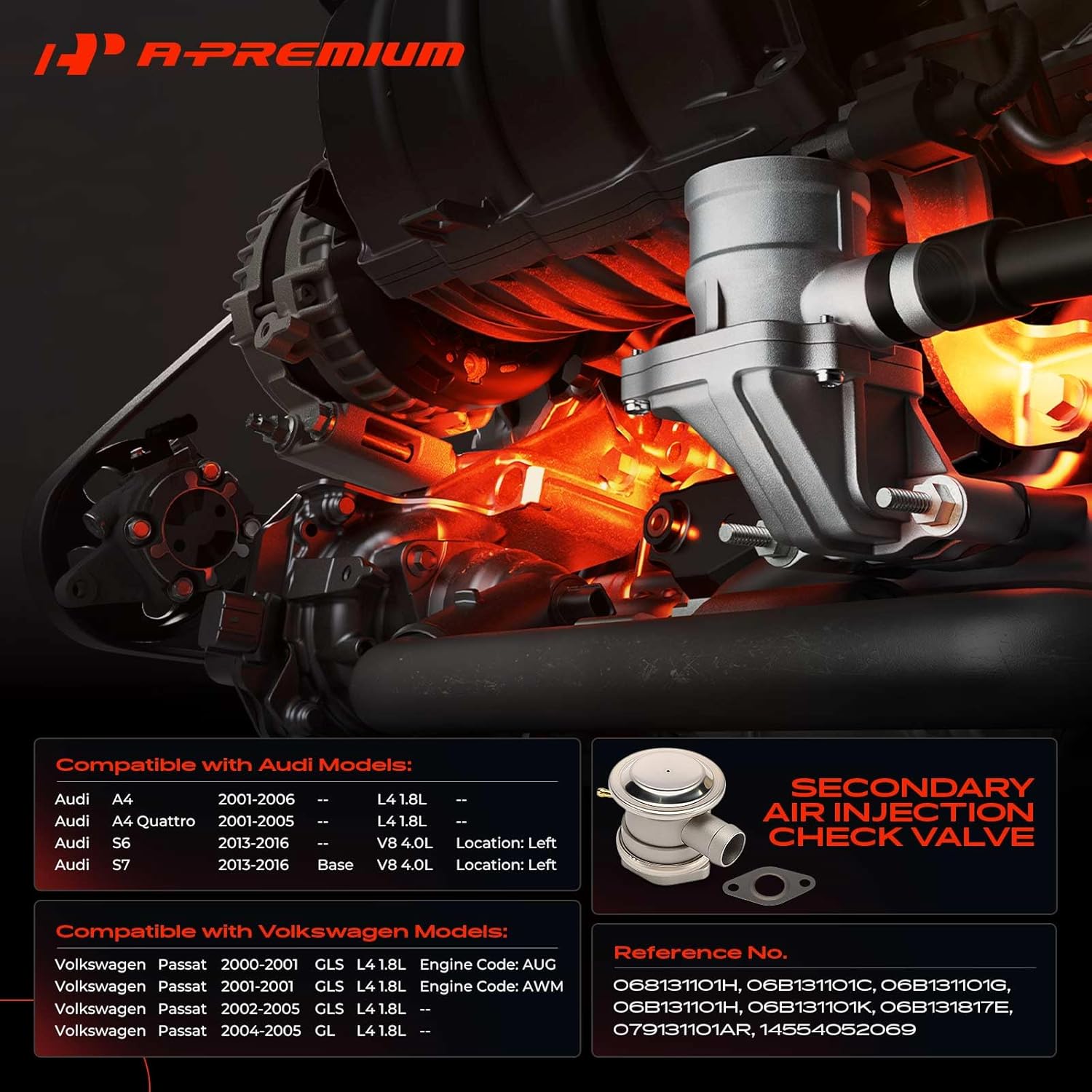 A-Premium Secondary Air Injection Check Valve Compatible with Volkswagen Passat 2000-2005 & Audi A4 2001-2006, A4 Quattro 2001-2005, S6/S7 2013-2016, Air Pump Check Control Valve with Gasket