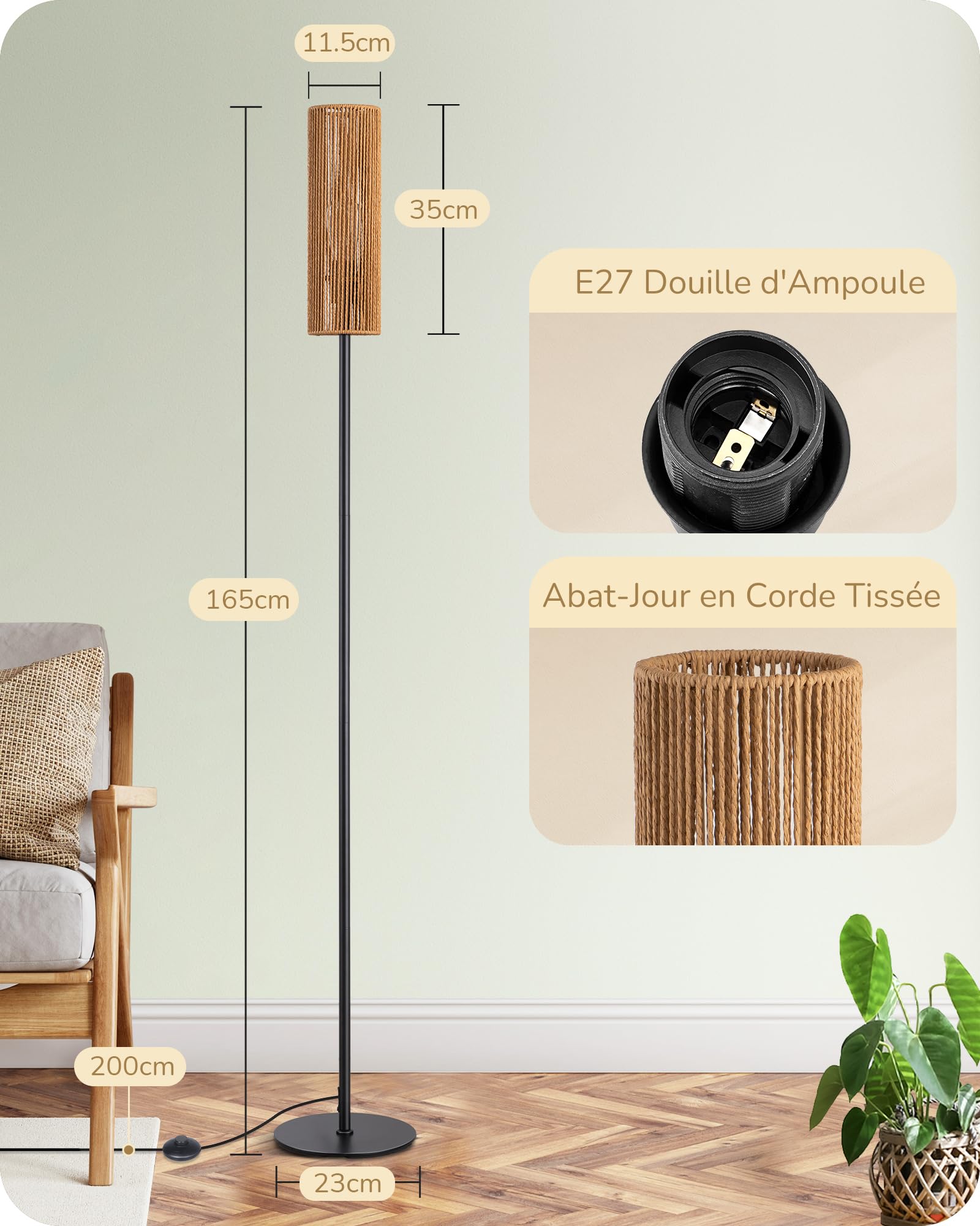 EDISHINE Lampadaire sur Pied Salon avec E27 Ampoule LED de 2700K Lumière Chaude et Abat-jour en Corde Tissée, Interrupteur à Pédale, Lampe sur Pied Moderne pour Salon, Chambre, Bureau, 165 cm