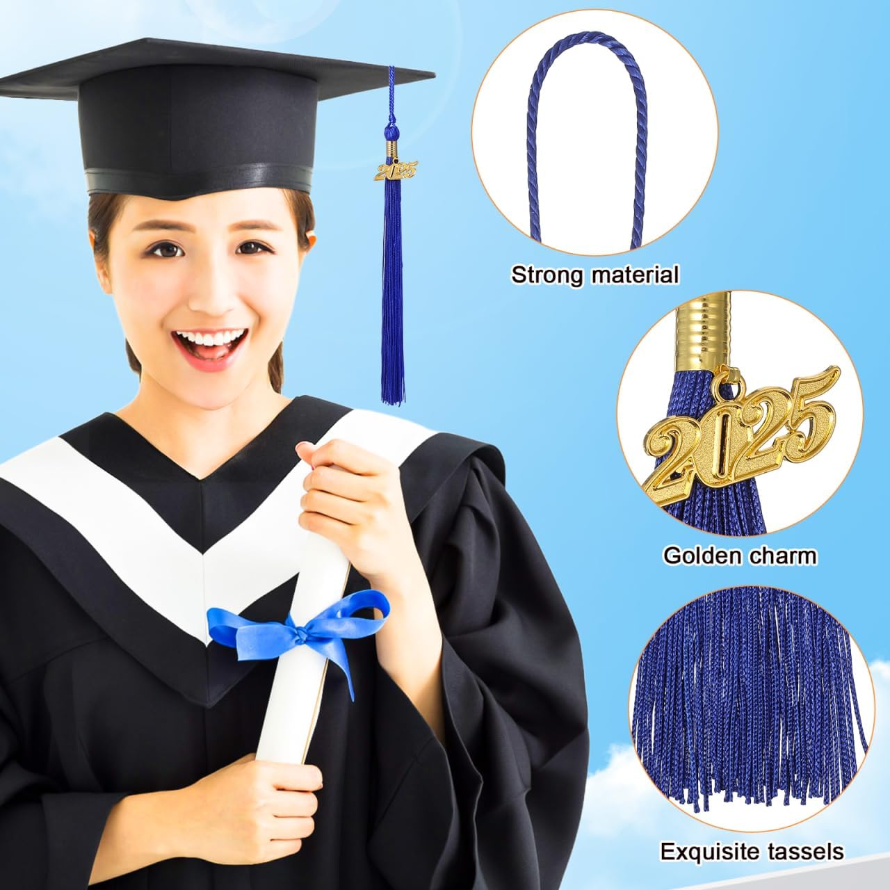 Tofficu 12pcs Royal Blue Graduation Cap Tassels with 2025 Year Charm, Synthetic Fiber Decorative Tassels for Graduation Ceremony, Prom, and DIY Projects