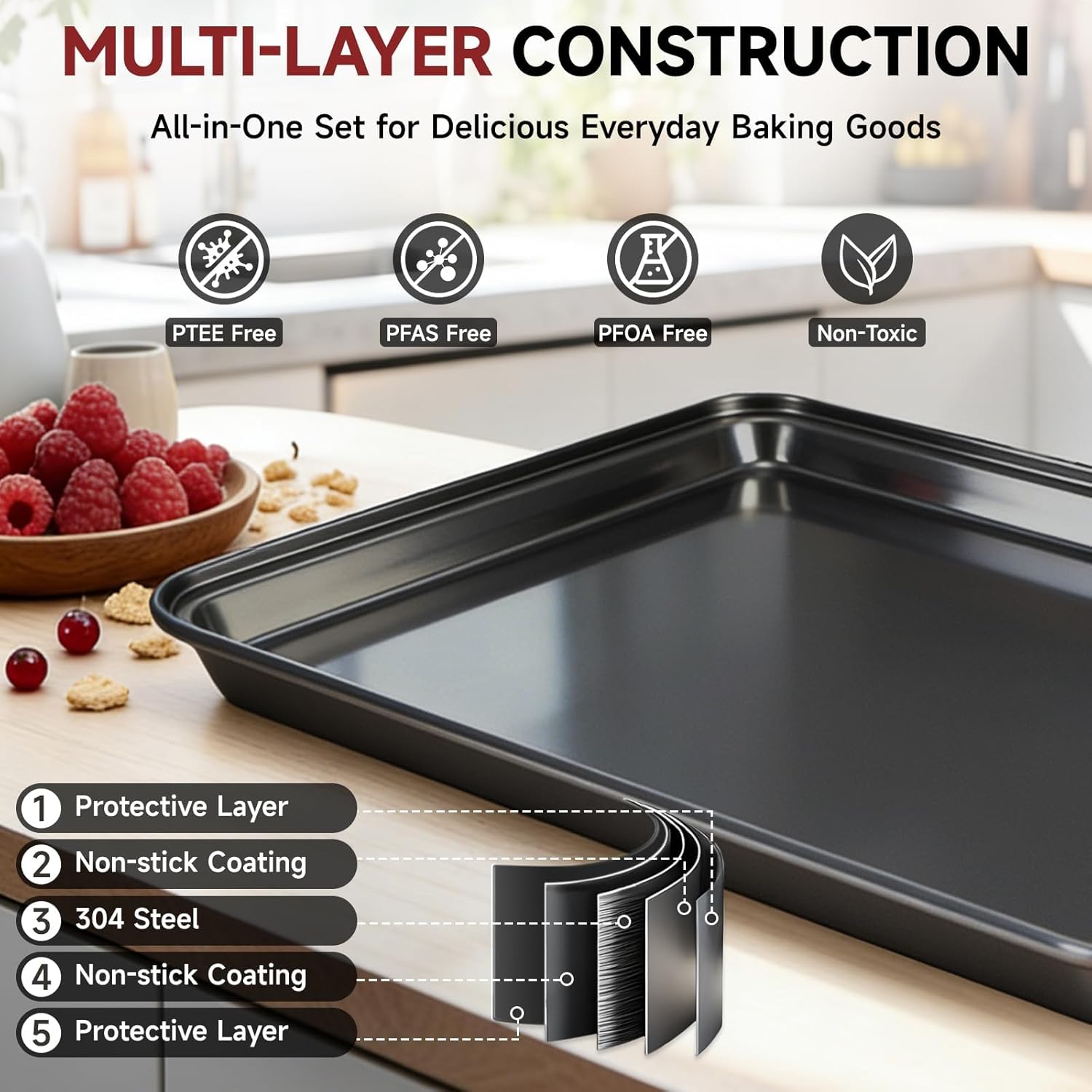 Unokit 8-Piece Nonstick Baking Pans Set - Stainless Steel Bakeware Set for Cooking, Stackable Trays with Cookie Sheets, Muffin, Cake, Loaf, Round & Square Pan and Cooling Rack, Dishwasher & Oven Safe