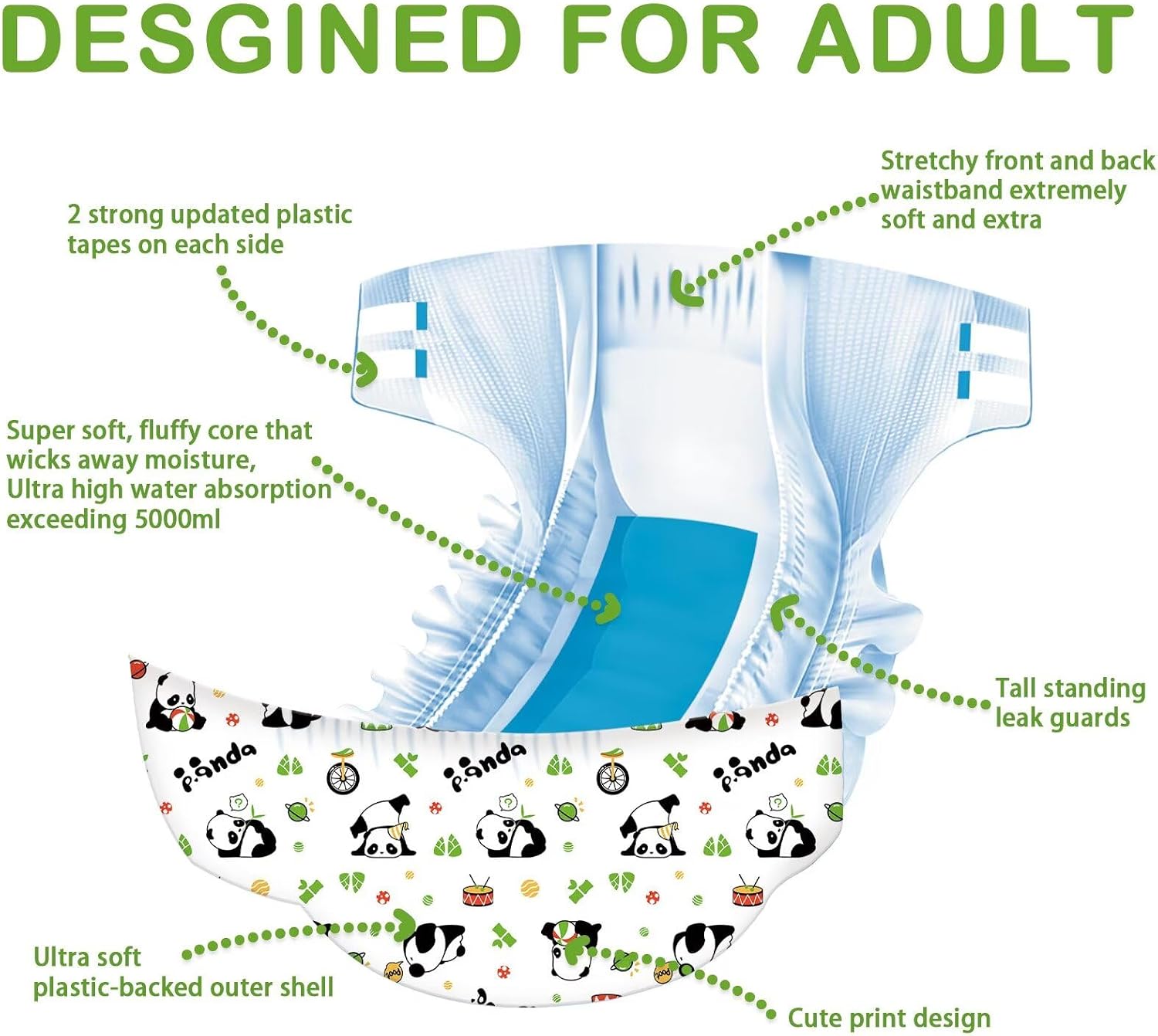 Landofgenie Adult Diapers Panda Printed Diaper Incontinence Underwear Maximum Overnight Absorbency Diapers with Tabs 10 Pieces(Large 36"- 46")