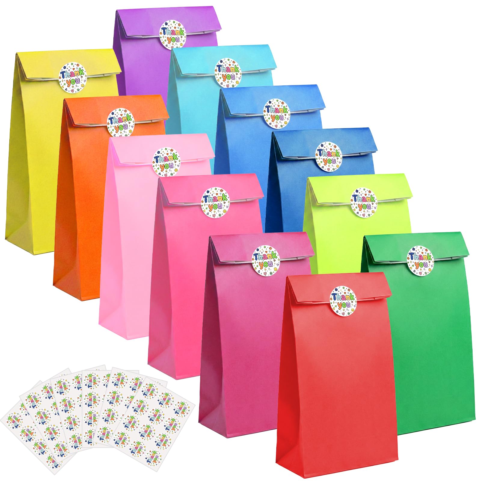 72PCS Party Bags, 12 Vibrant Colors Kraft Paper Gift Bags(130x80x240mm), Flat Bottom Goodie Bags with 72 Thank You Stickers for Birthday Christmas Halloween Wedding Parties (72)