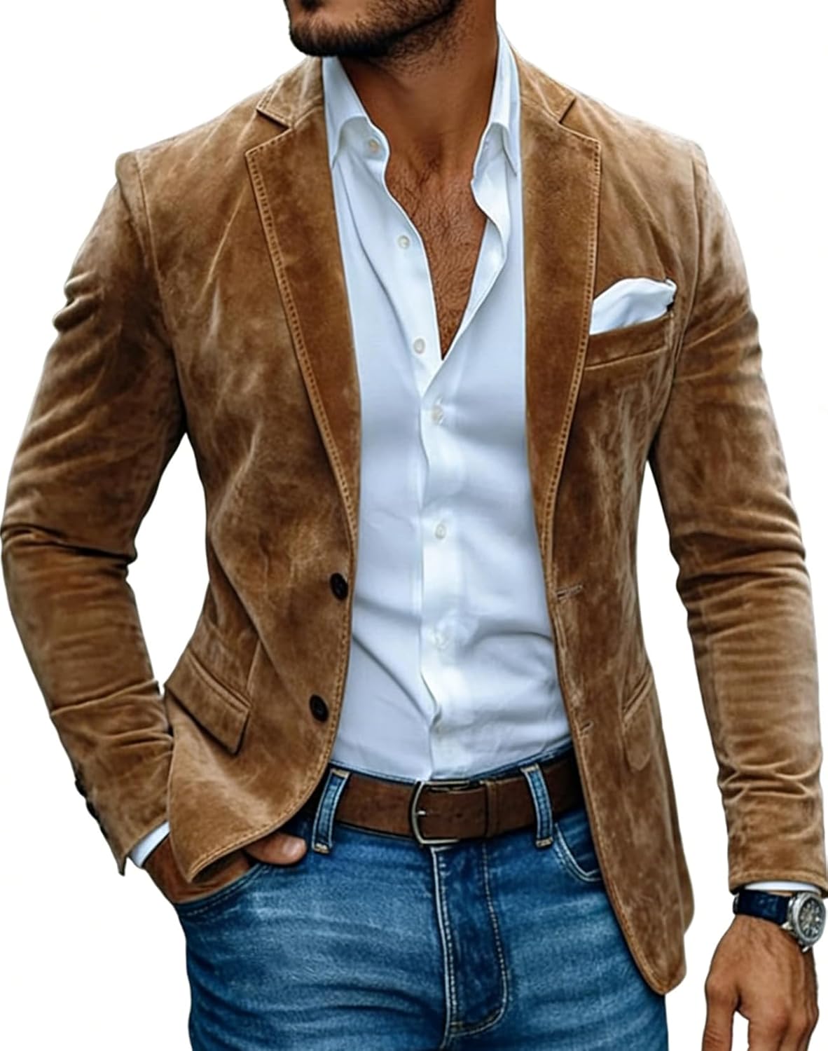 Mens Suede Leather Blazer 3 Button Sport Coats Western Jacket for Wedding Prom